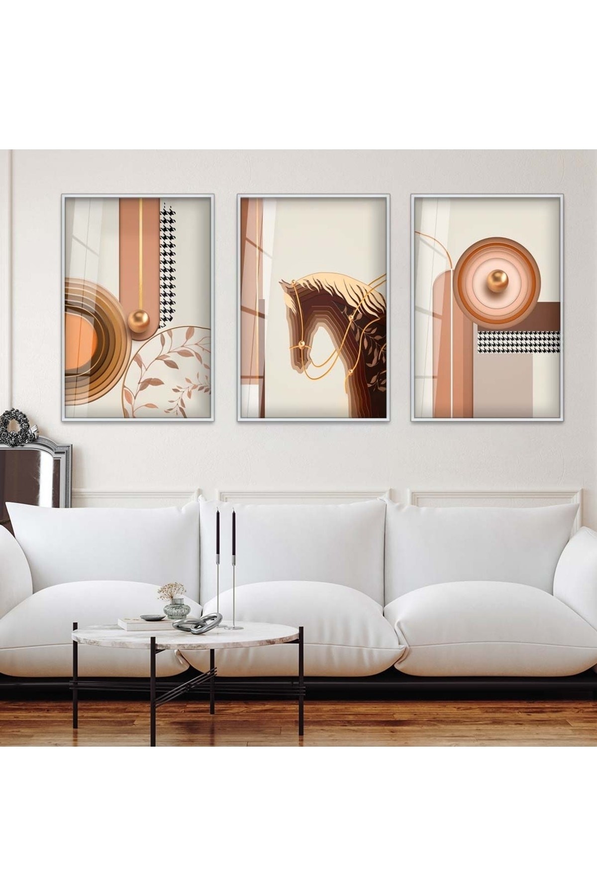 Minimal Tasarım Minimalist Soyut Desen 3'Lü Metal Çerçeveli UV Baskı Kırılmaz Cam Tablo