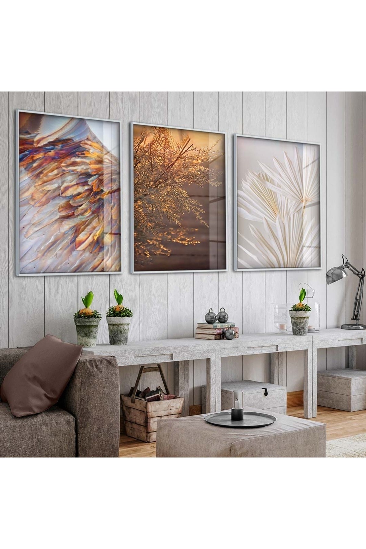 Minimalist Çiçek 3'Lü Metal Çerçeveli UV Baskı Kırılmaz Cam Tablo Seti