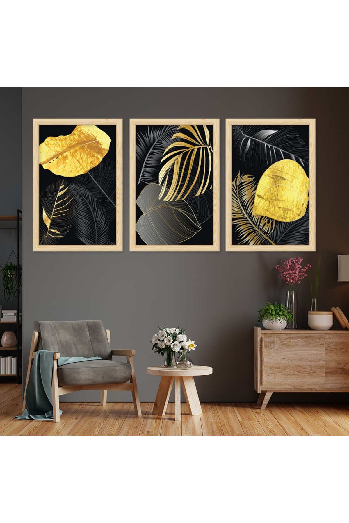 Minimal Sanat Tablosu Ahşap Çerçeveli Kolaj Çizim Çiçek Tablo