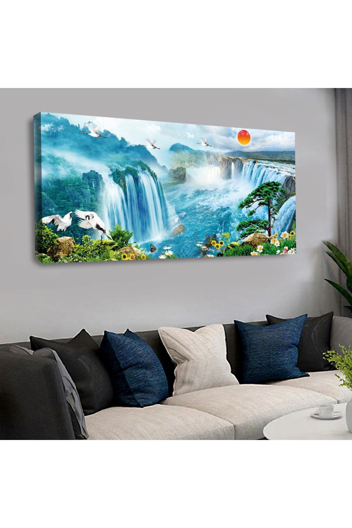 120 X 60 Saatli Kanvas Şelale Tablo