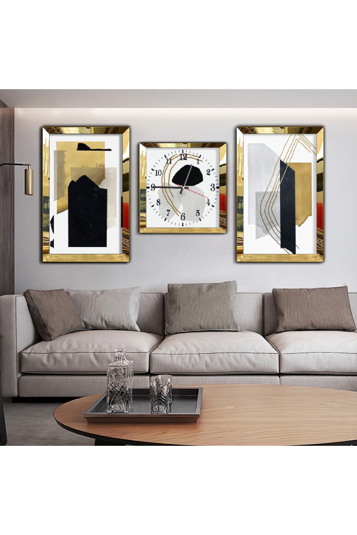 Aynalı Gold Pleksi Çerçeveli Solmaz MDF Tablo Ve Saat Seti