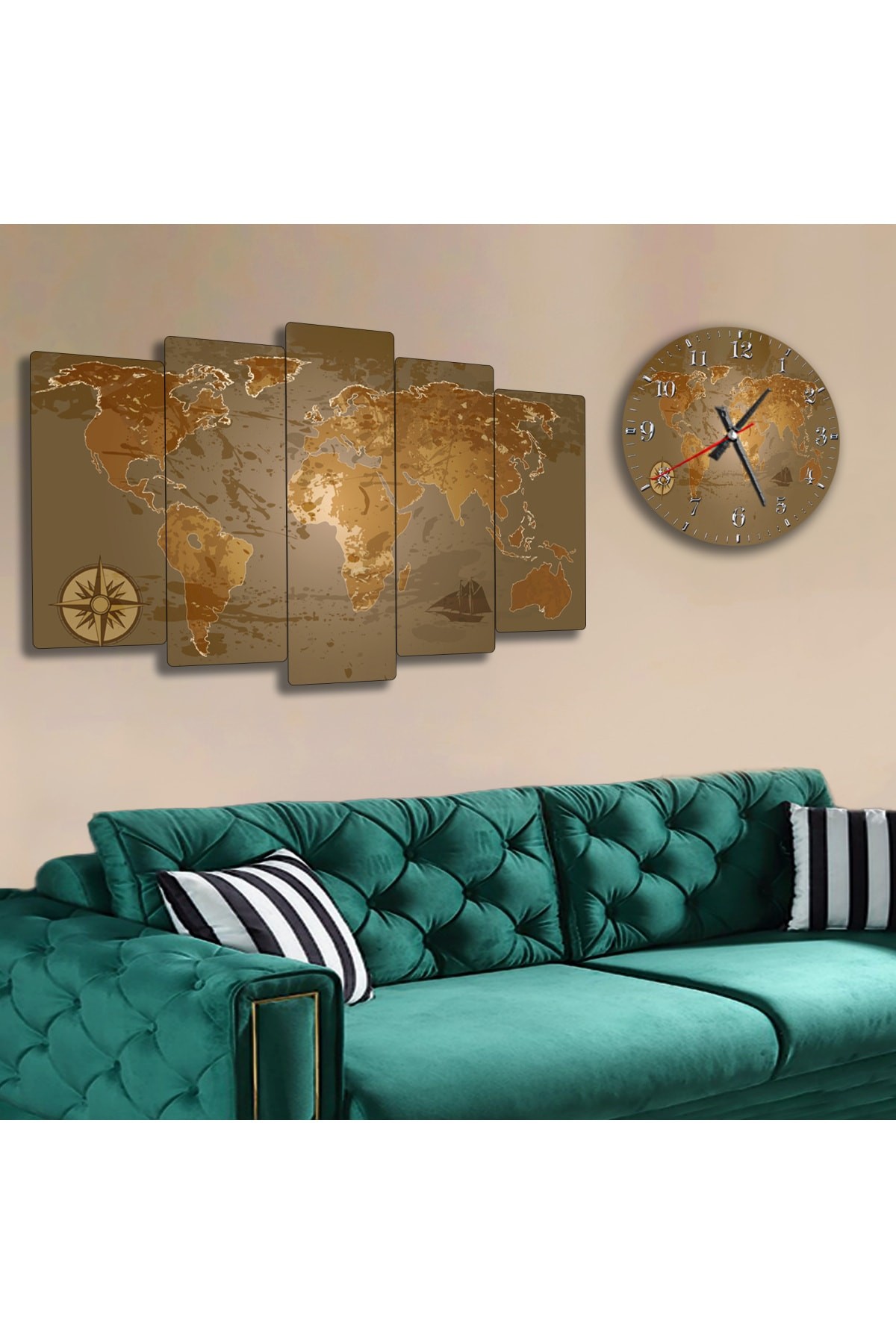 Sanat Tablosu Dünya Haritası Solmaz MDF Tablo Ve Saat Kombin