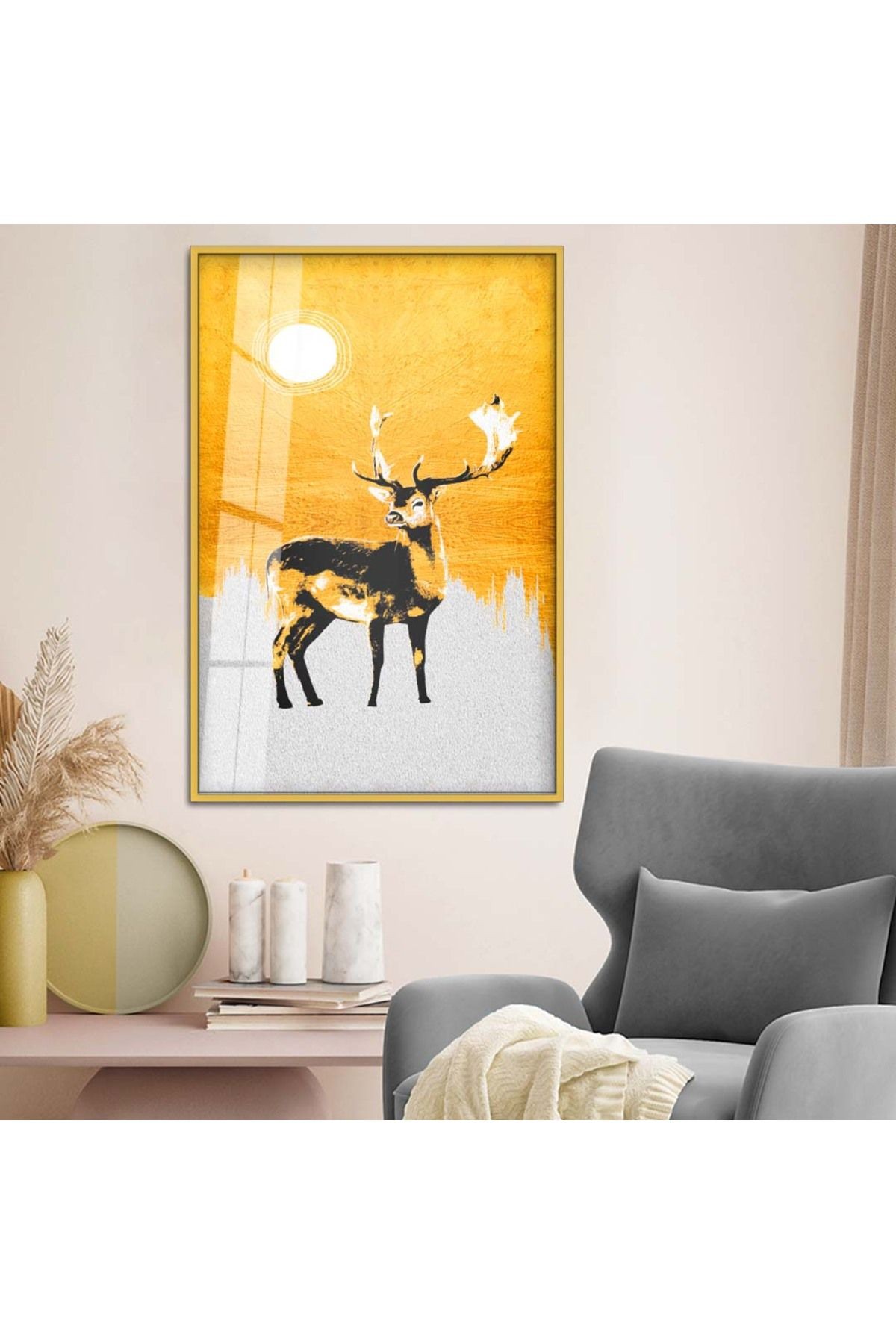 Gold Metal Çerçeveli Modern Çizim Geyik Tema Kırılmaz Cam Tablo
