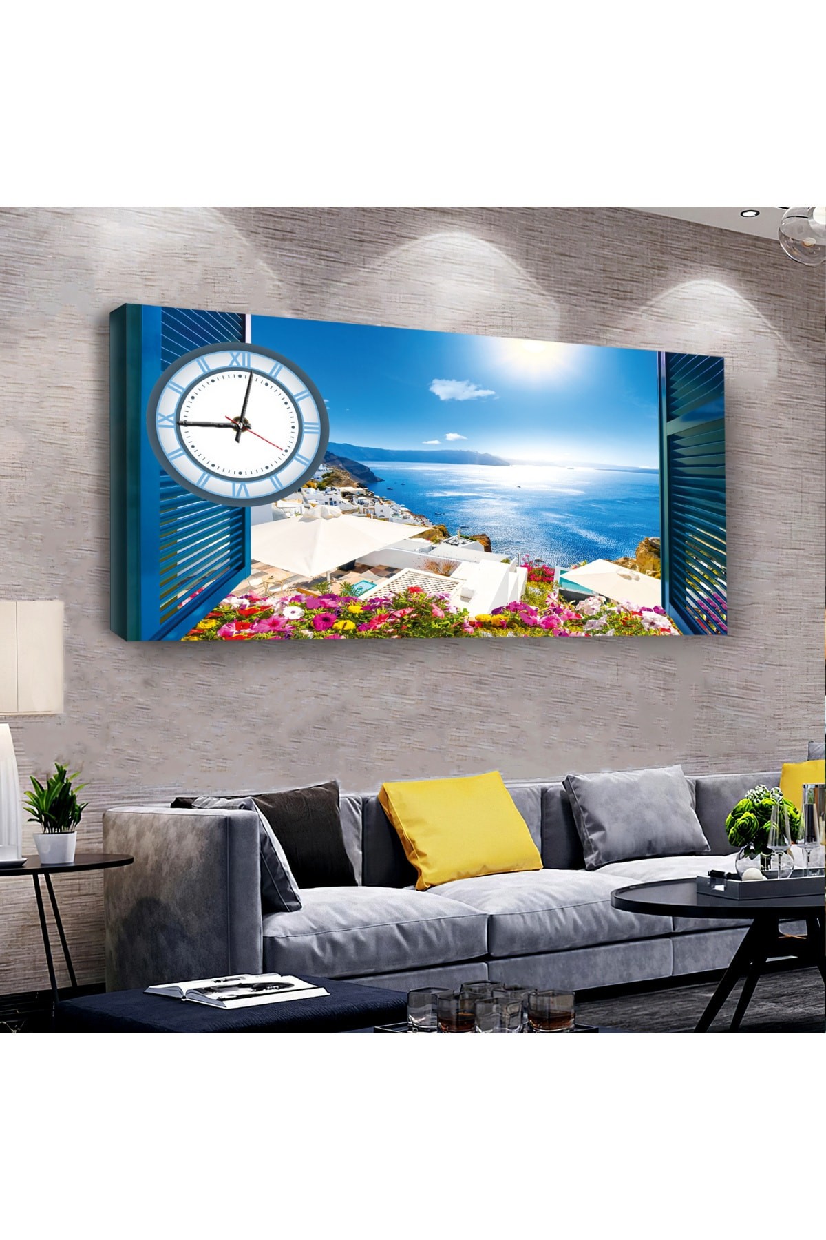 Manzara saatliAhşap Şase Dijital Baskı Kanvas Tablo 100X50Cm