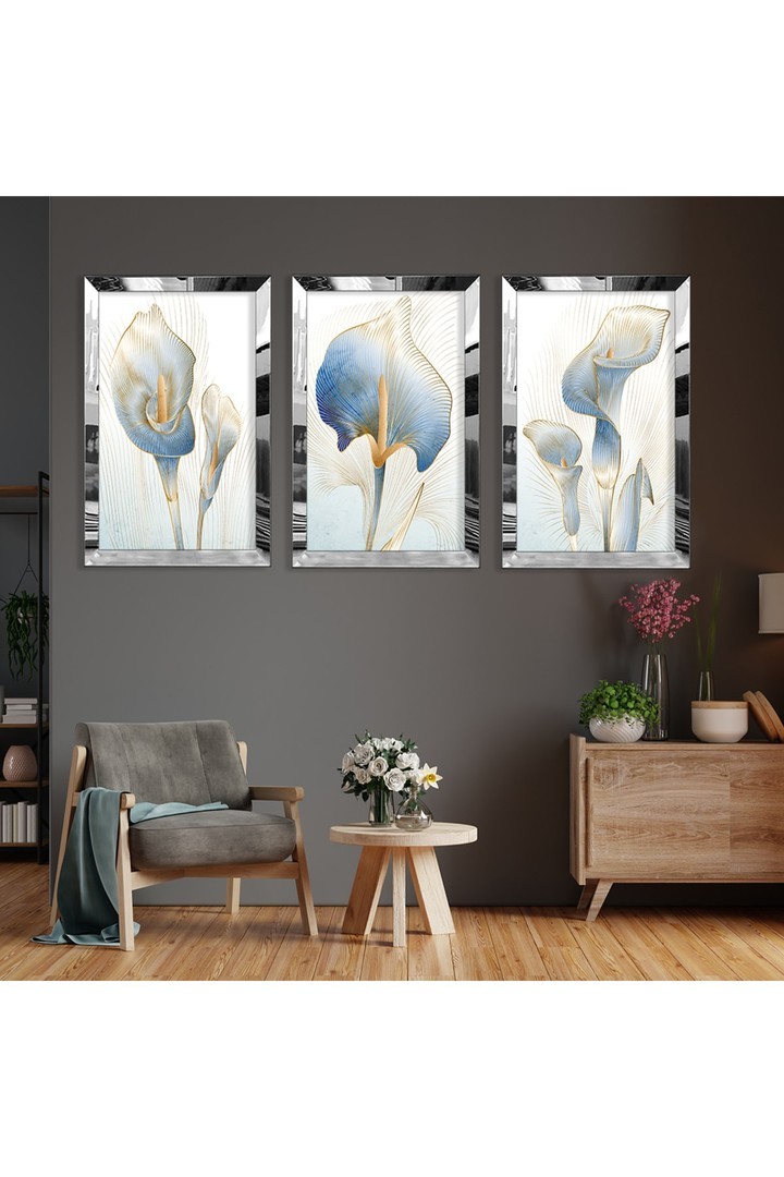 Çiçek Soyut Desen Gold Pleksi Kenar 3'Lü Solmaz MDF Tablo