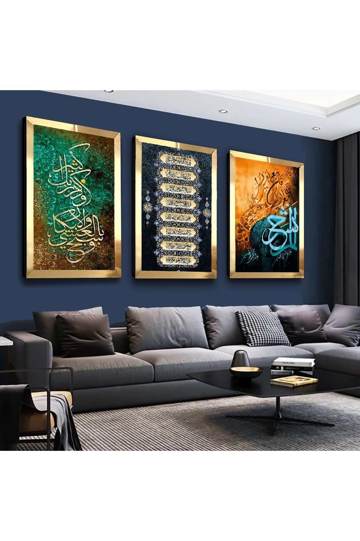 Gold Aynalı Pleksi Çerçeveli Dini Ayet Üçlü Mdf Tablo Seti