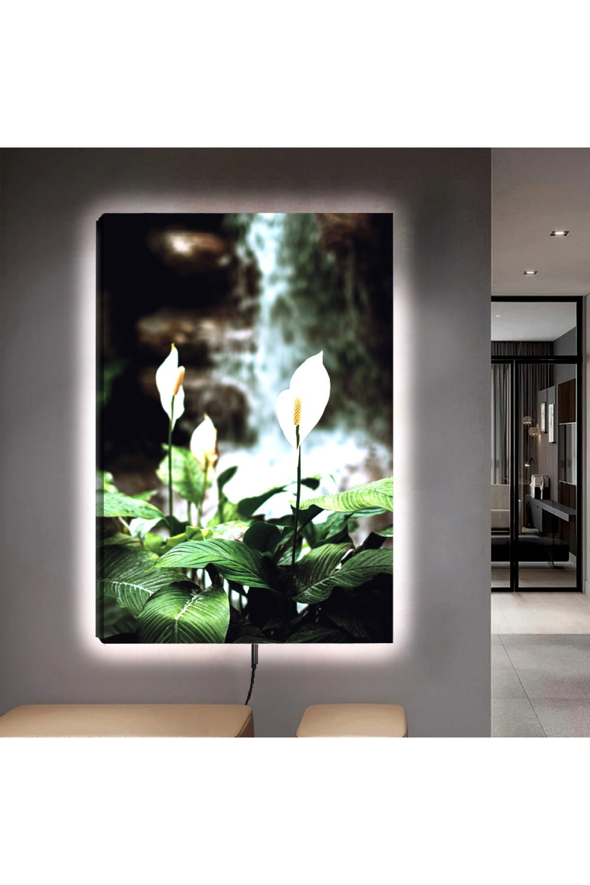 Modern Ledli Beyaz Çiçek Ahşap Şase Dijital Baskı Kanvas Tablo 90X60Cm