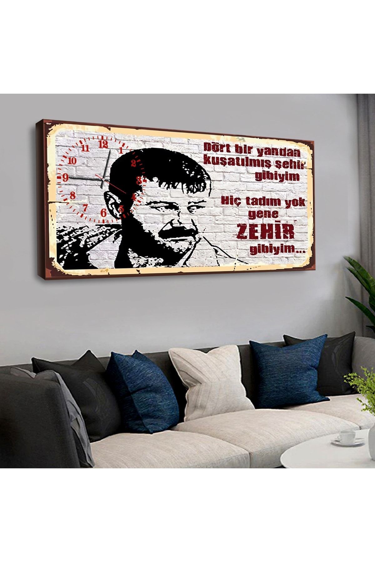 Kanvas Beyaz Arka Planlı Siyah Renkli Azer Bülbül Saatli Tablo