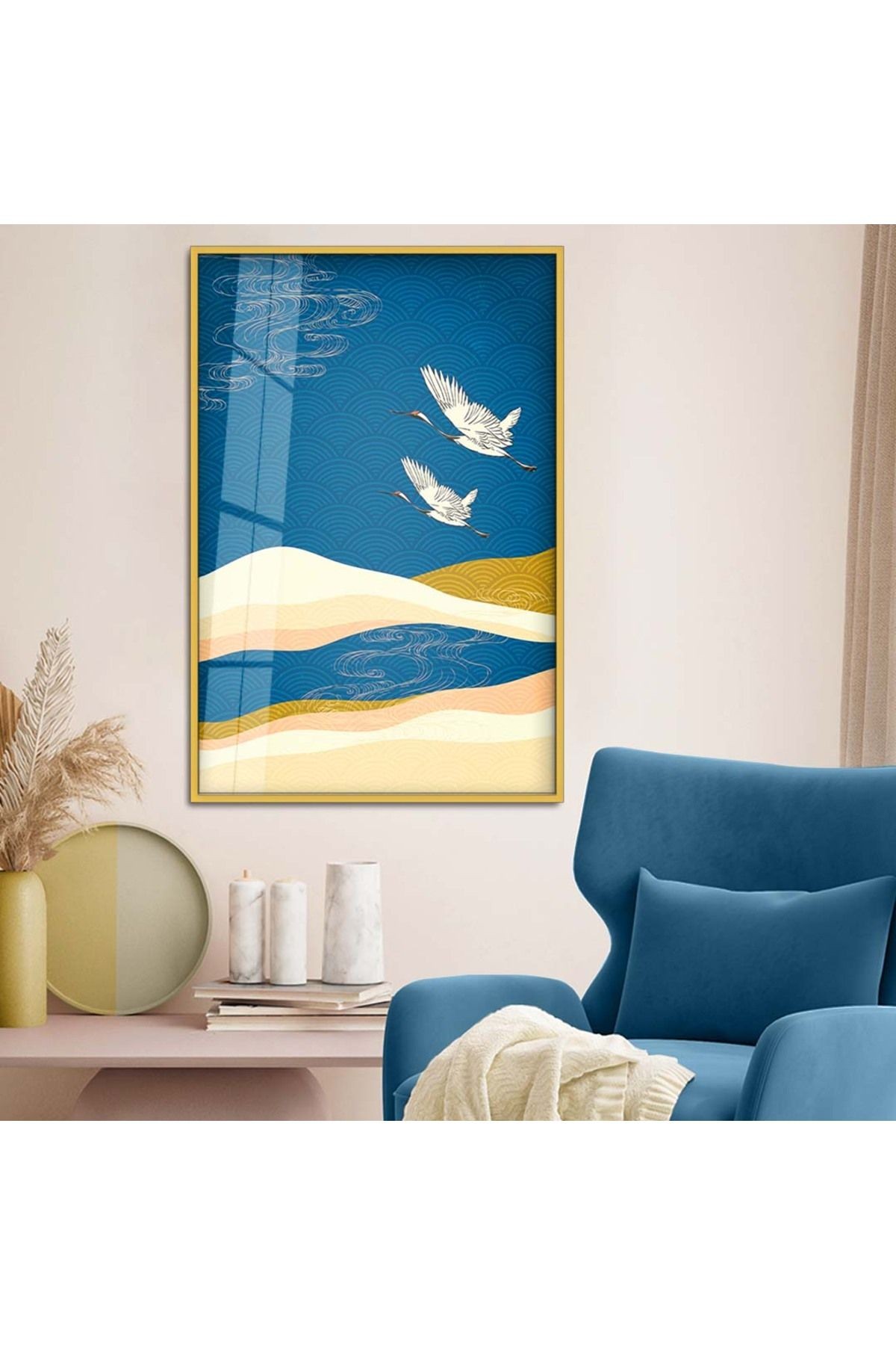 Gold Metal Çerçeveli Modern Çizim Kuş Figür Kırılmaz Cam Tablo