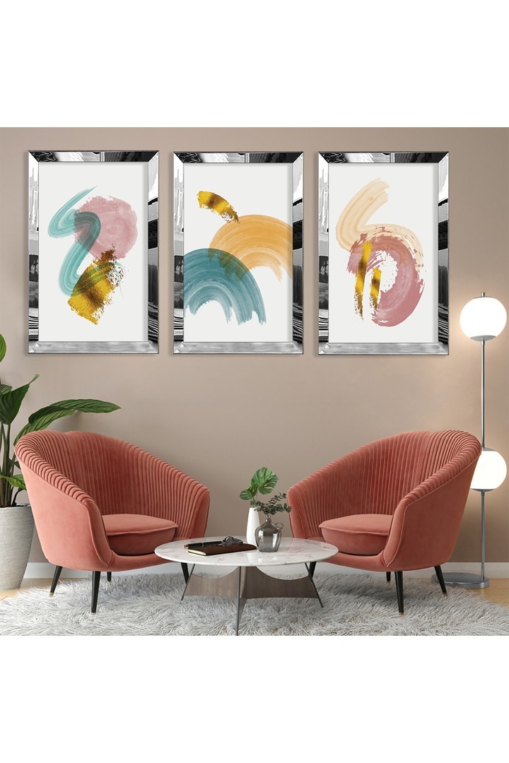 Salon Tablosu Soyut Desen Gold Pleksi Kenar 3'Lü Solmaz MDF Tablo