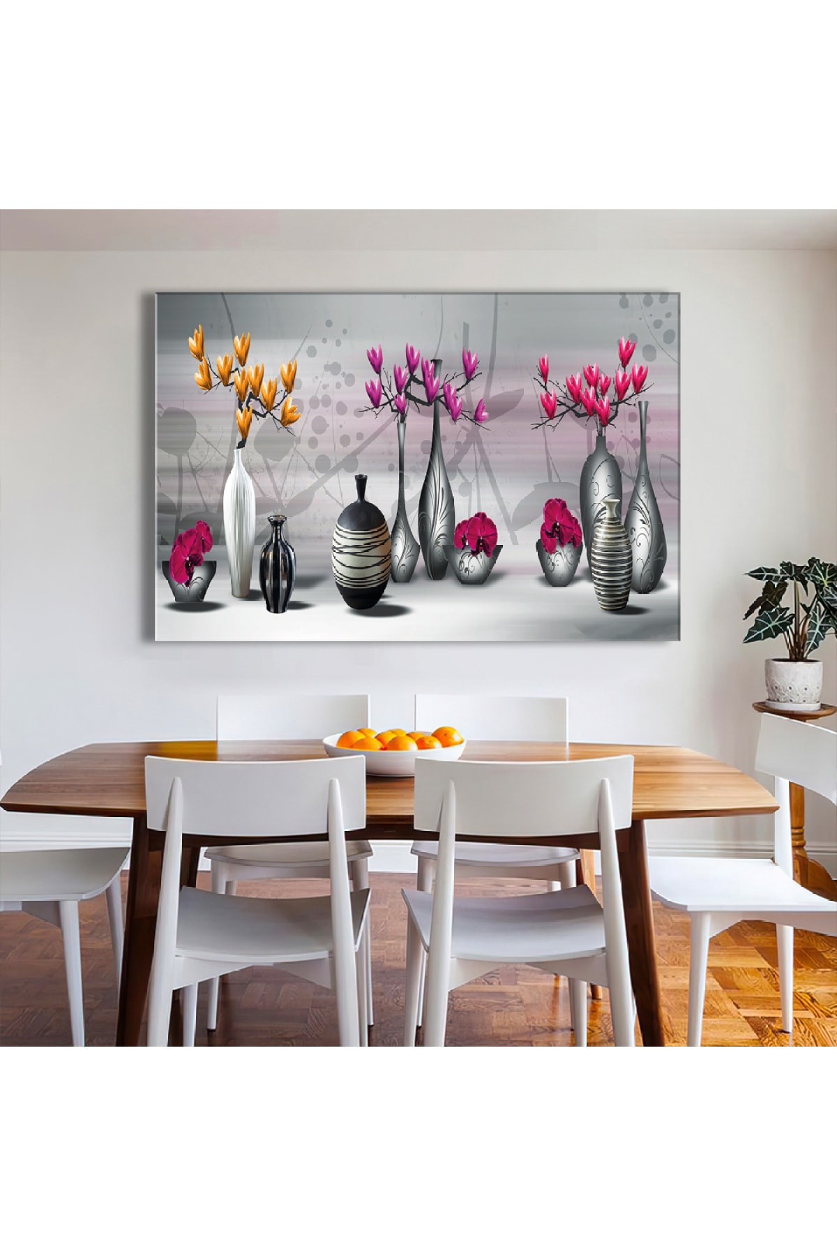 Çiçekli Vazolar Ahşap Şase Dijital Baskı Kanvas Tablo 120X80Cm