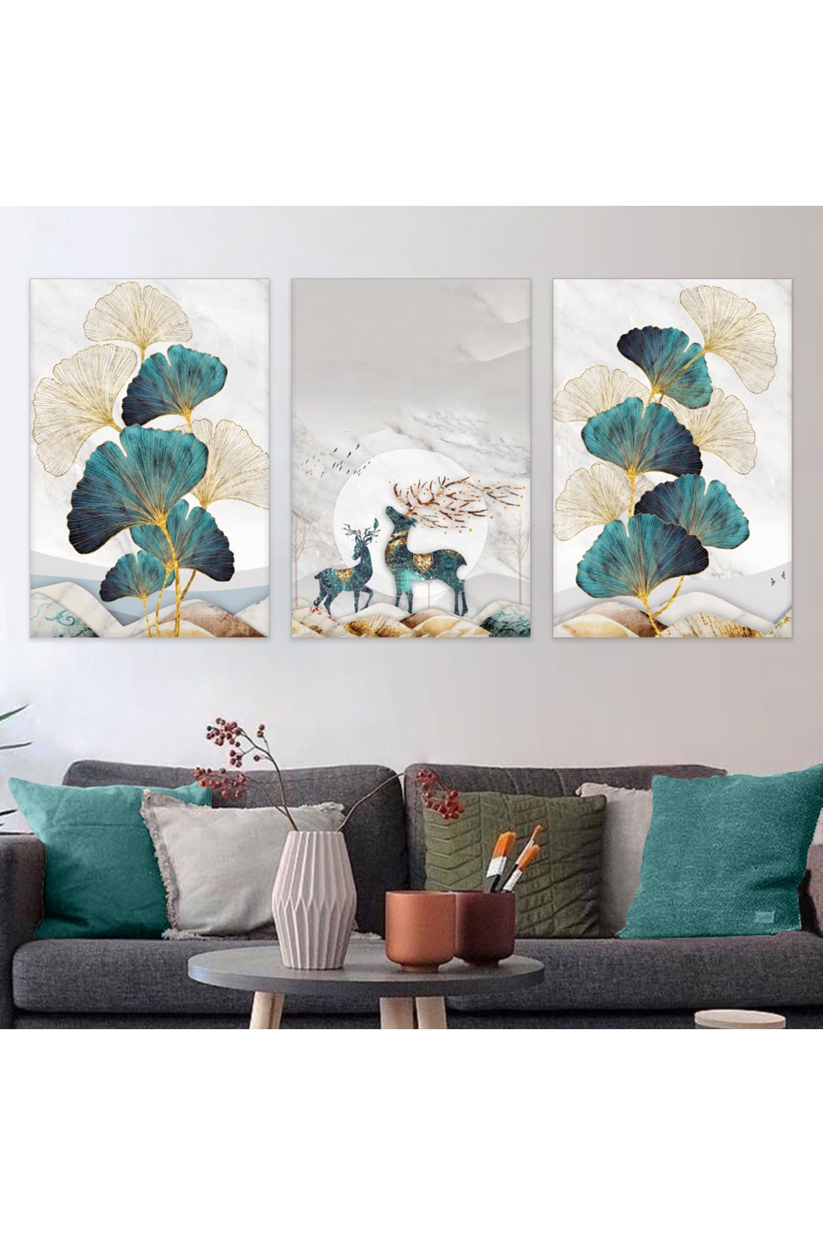 Tasarım Minimalist Tablo Soyut Desen 3'Lü Ahşap Şase Dijital Baskı Kanvas Tablo