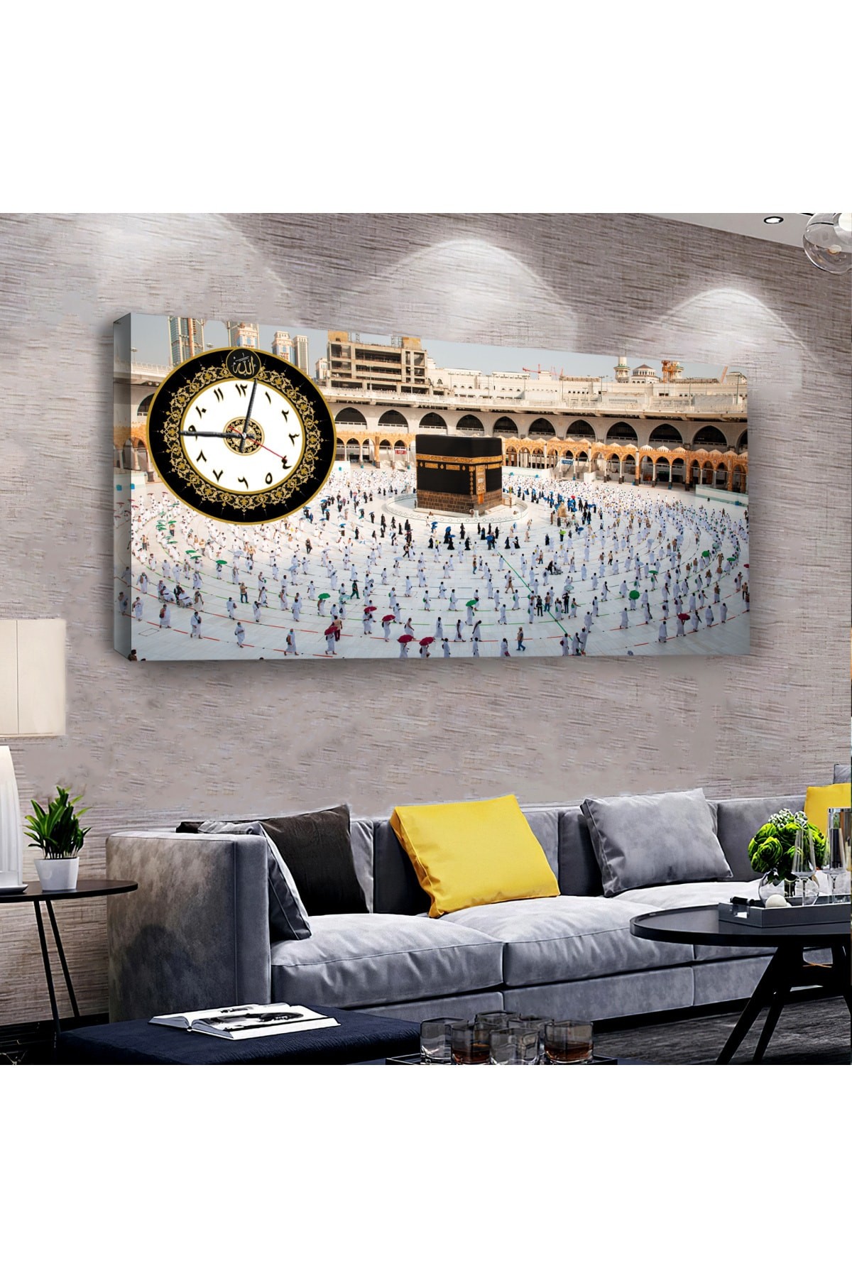 İslami Tablo Kabe Dini saatliAhşap Şase Dijital Baskı Kanvas Tablo 100X50Cm
