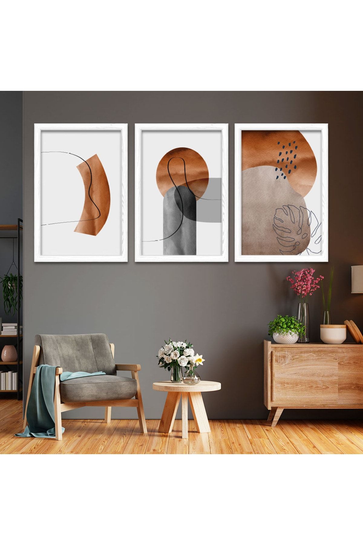 Beyaz Ahşap Çerçeveli Kolaj Çizim Modern Tablo