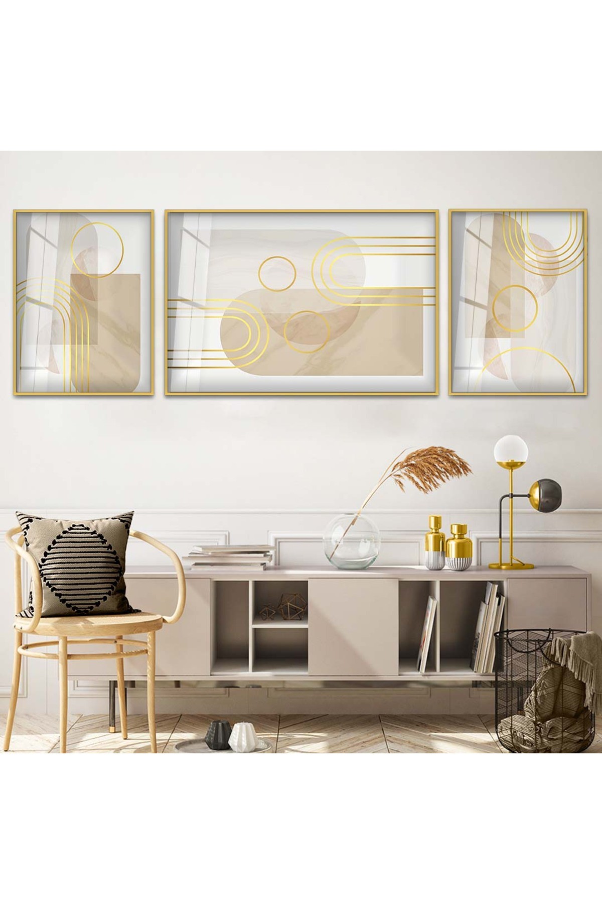 Duvar Sanatı Modern Tablo Çizim Soyut Desen 3'Lü Metal Çerçeveli UV Baskı Kırılmaz Cam Tablo
