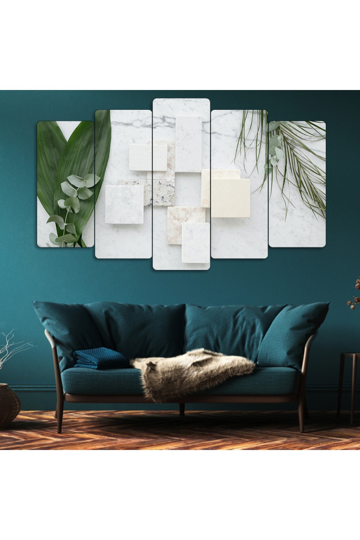 5 Parça Yeşil Yaprak Modern Solmaz MDF Tablo