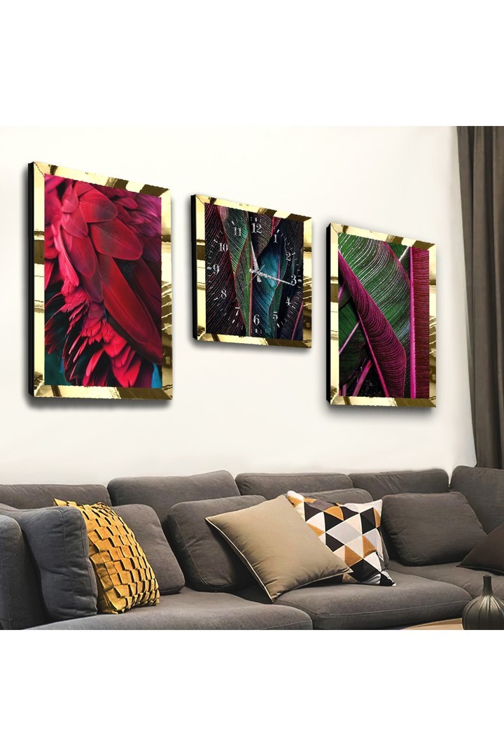 Kırmızı Bitki Gold Pleksili Saat Ve Solmaz MDF Tablo