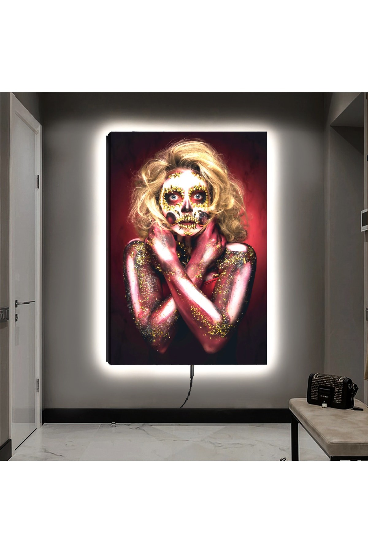 Renkli Ledli Genç Kadın Ahşap Şase Dijital Baskı Dayanıklı Kanvas Tablo 90X60Cm