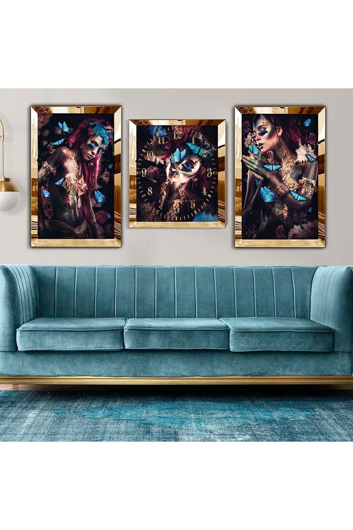 Özel Tasarım Salon Tablosu Gold Pleksi Kenar 3'Lü Solmaz MDF Tablo Saat Seti