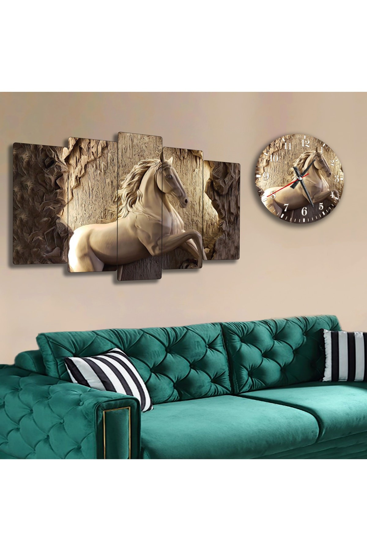 At Motifli Ekstra Dayanıklı Solmaz MDF Tablo Ve Saat Kombin