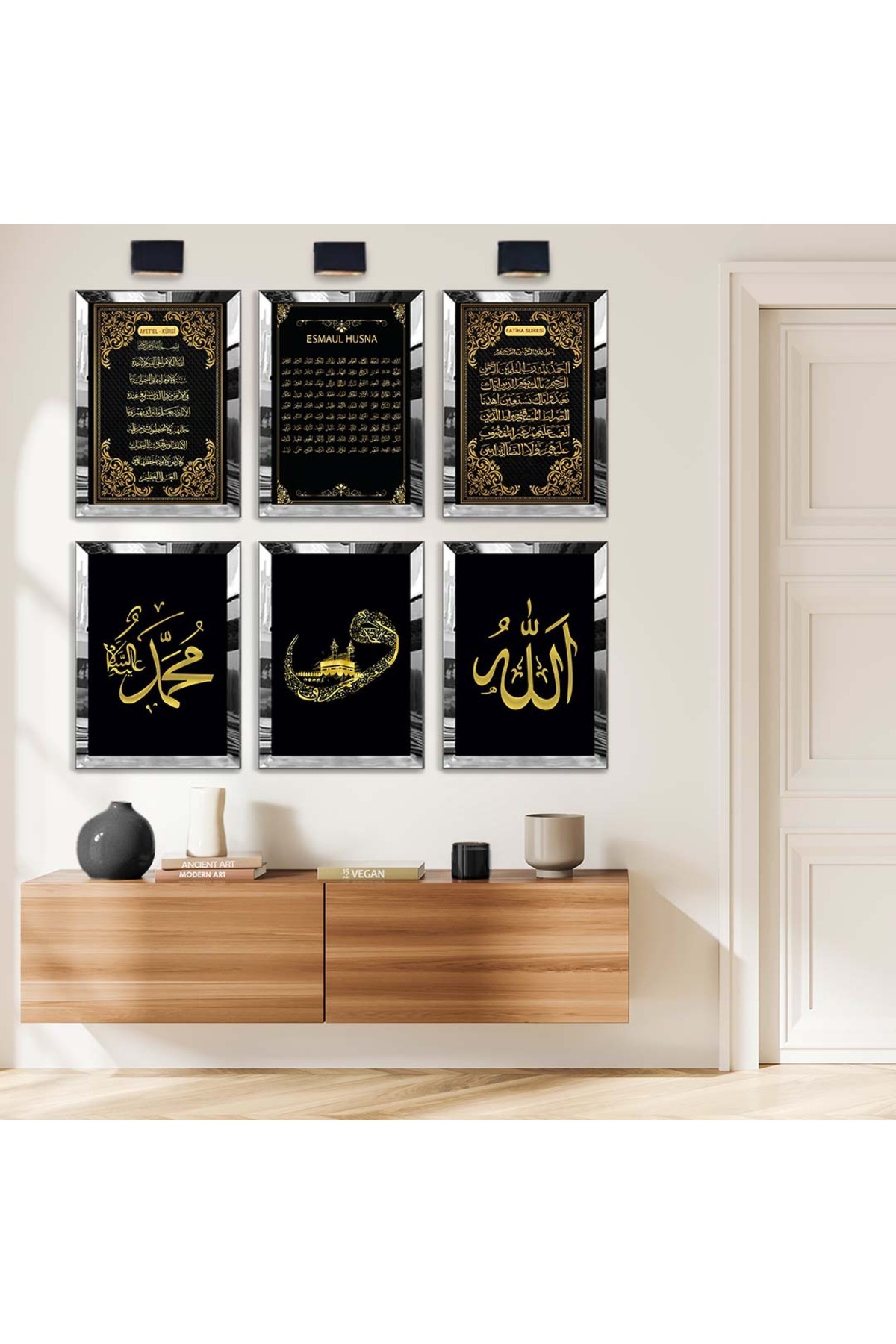 Kabe Ve Ayetel Kürsi Dini Model 6'Lı Pleksi Kenar Solmaz MDF Tablo Seti