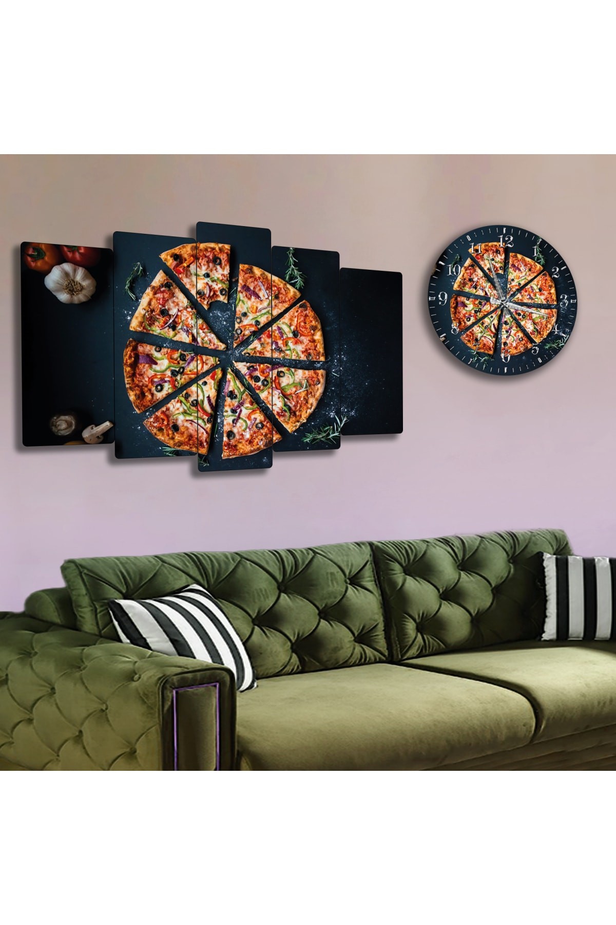 Pizza Ekstra Dayanıklı Solmaz MDF Tablo Ve Saat Kombin