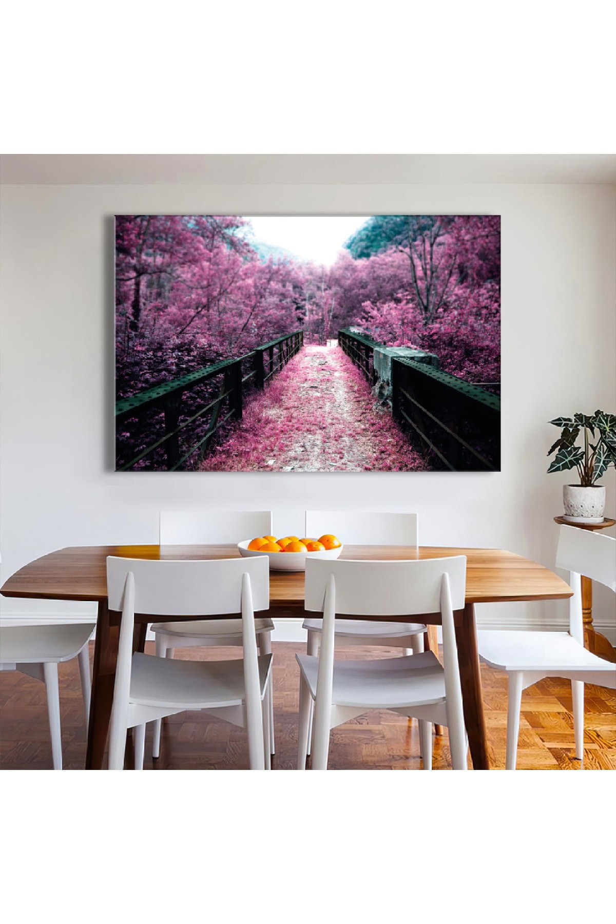 Renkli Çiçekli Yol Ahşap Şase Dijital Baskı Kanvas Tablo 120X80Cm