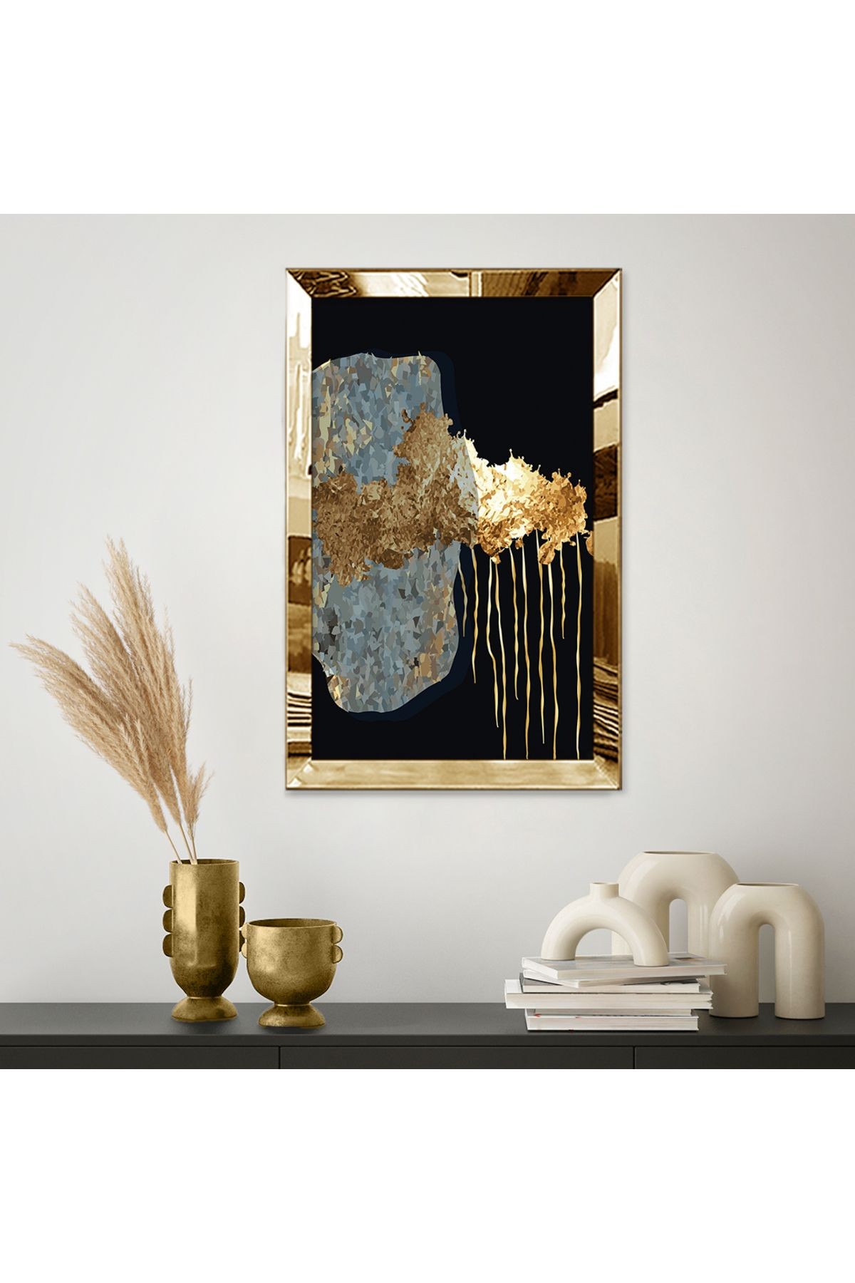 Gold Aynalı Pleksi Çerçeveli Minimal Tarzda Altın Renkli Soyut Tasarım Mdf Tablo