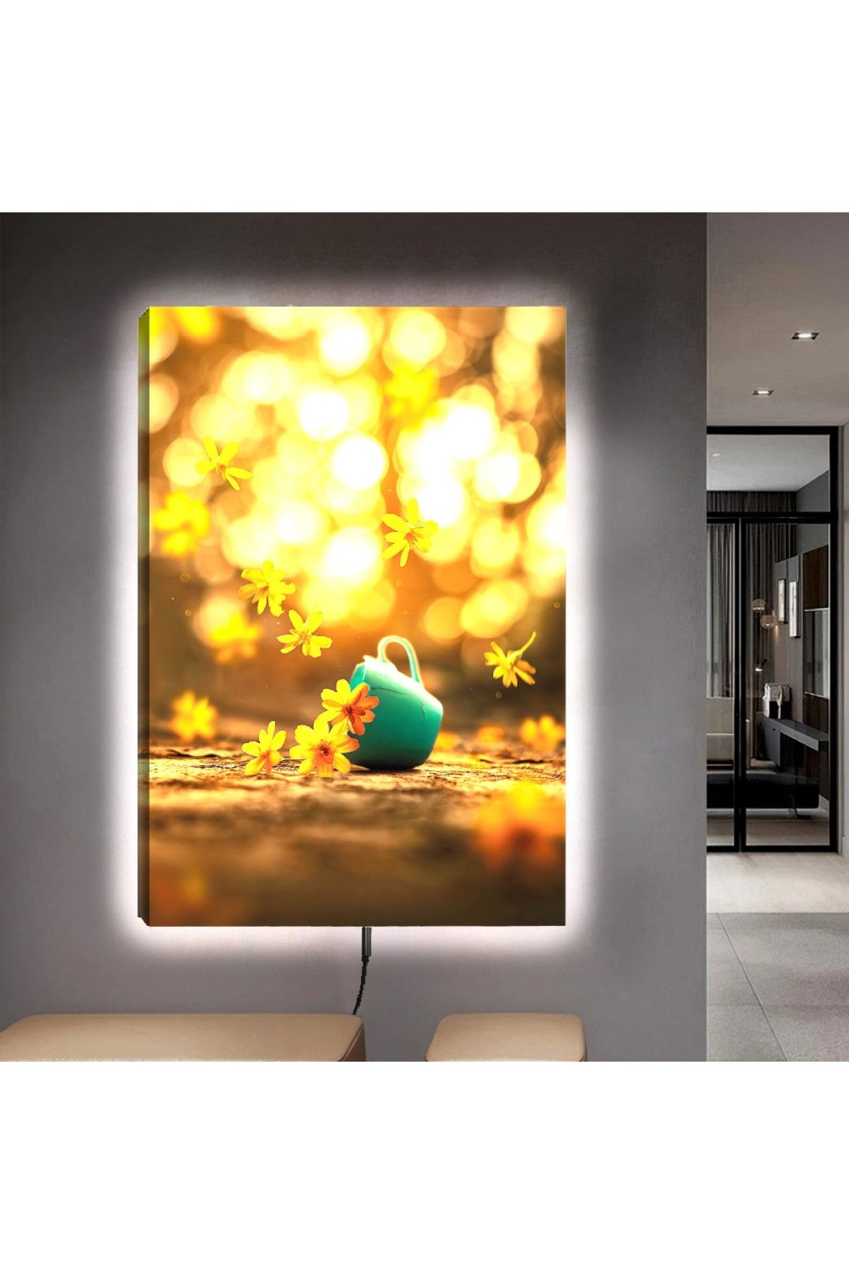 Ledli 90x60 Sarı Çiçek Kanvas Tablo