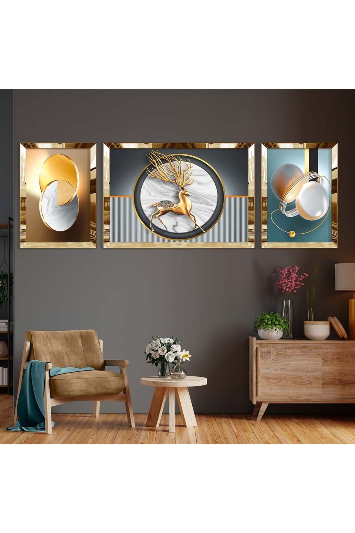 Gold Aynalı Pleksi Çerçeveli Üçlü Geğik Desenli Mdf Tablo Seti