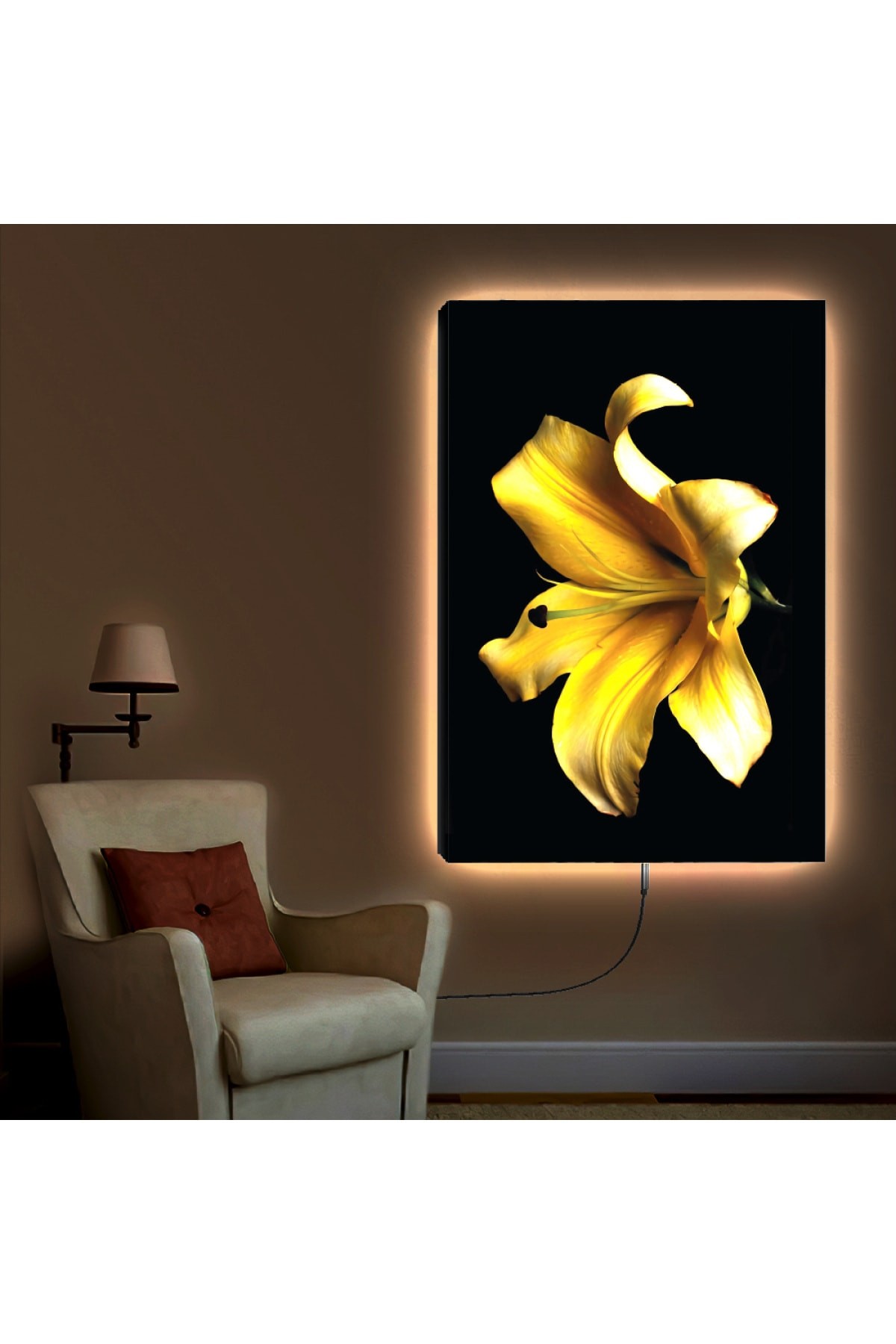 Ledli Altın Çiçek Ahşap Şase Dijital Baskı Kanvas Tablo 90X60Cm