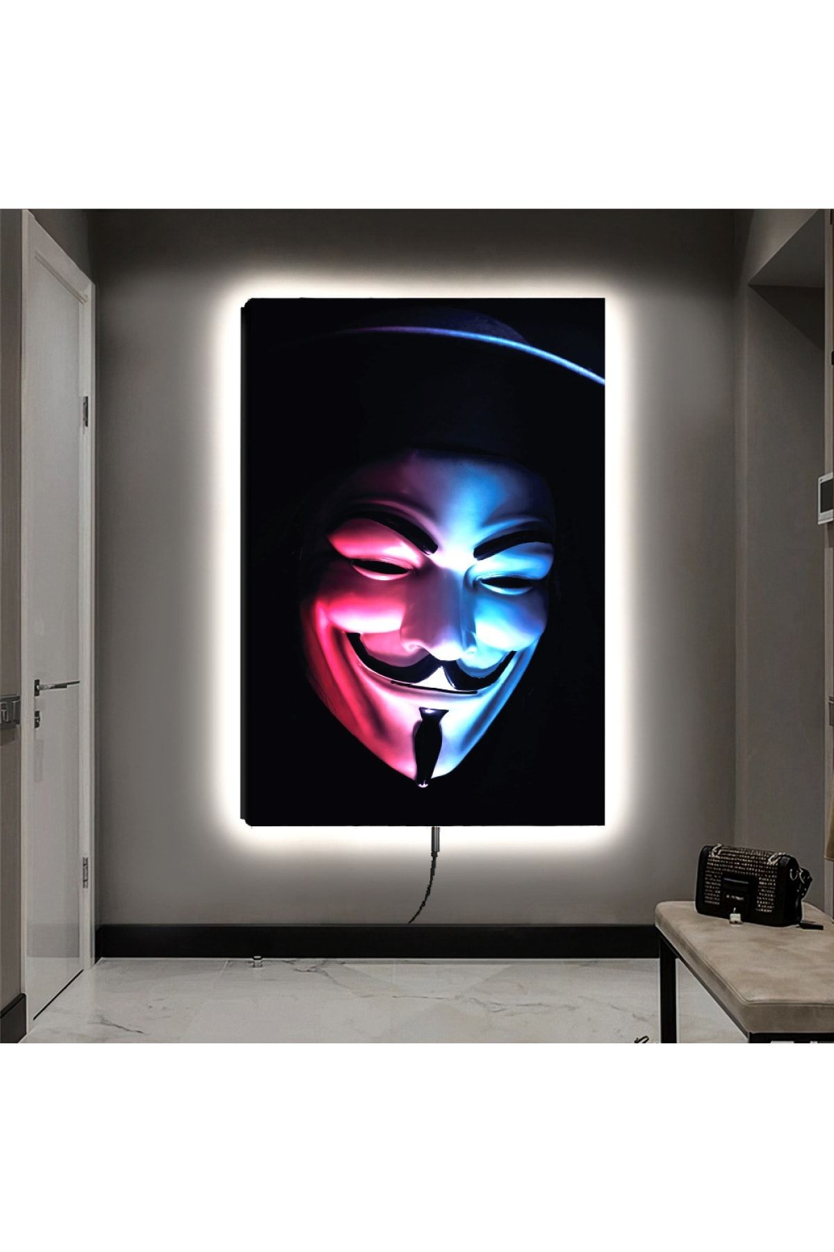 Kanvas Siyah Arka Planlı Pembe Ve Mavi V For Vendetta Ledli Tablo