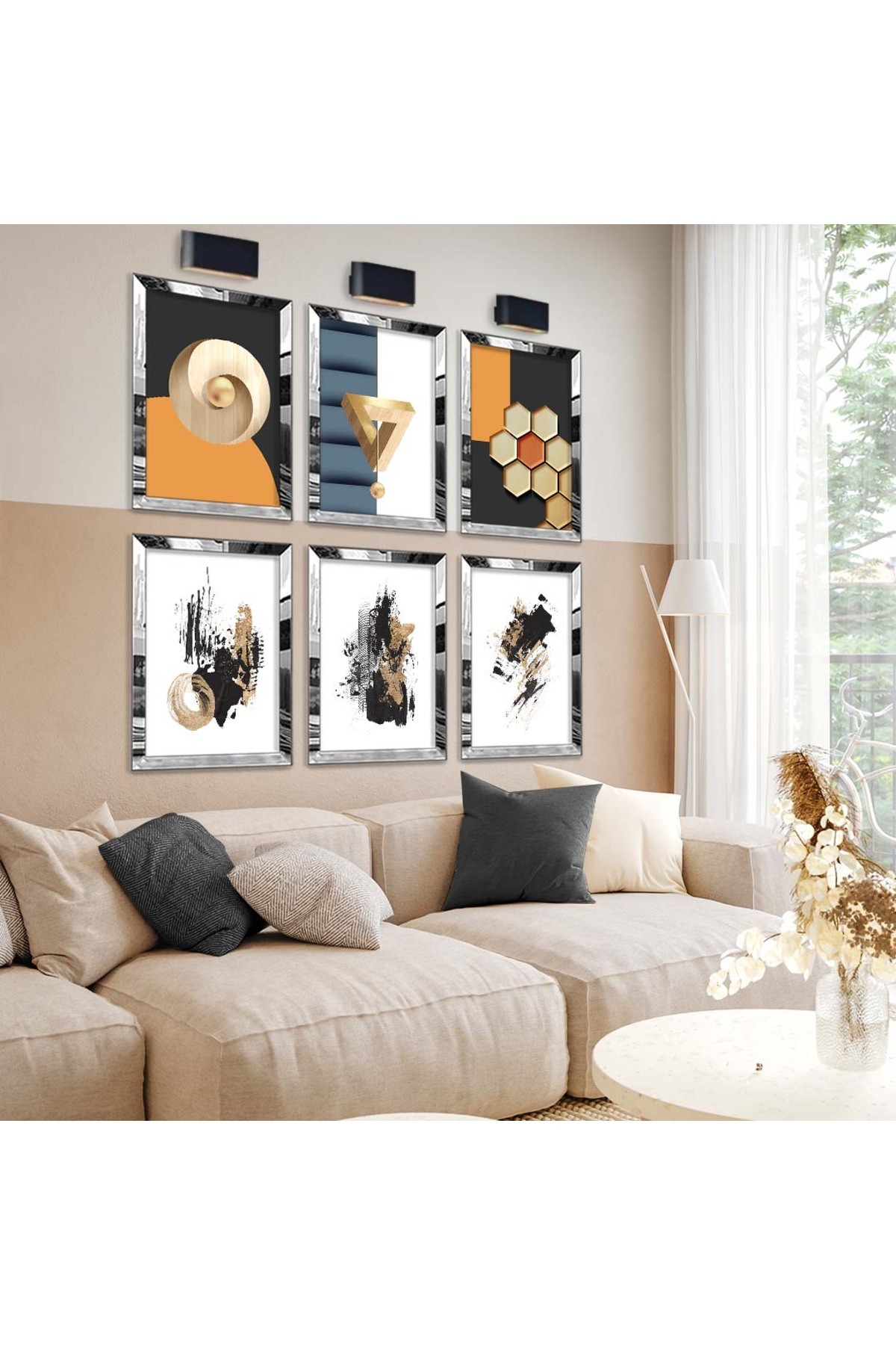 Renkli Geometrik Çizim Ve Soyut Tema 6'Lı Pleksi Kenar Solmaz MDF Tablo Seti