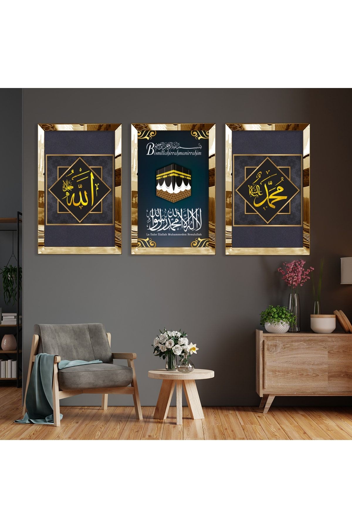 Gold Aynalı Pleksi Çerçeveli Kabe Ve Allah Hz Muhammed Lafzı Üçlü Mdf Tablo Seti