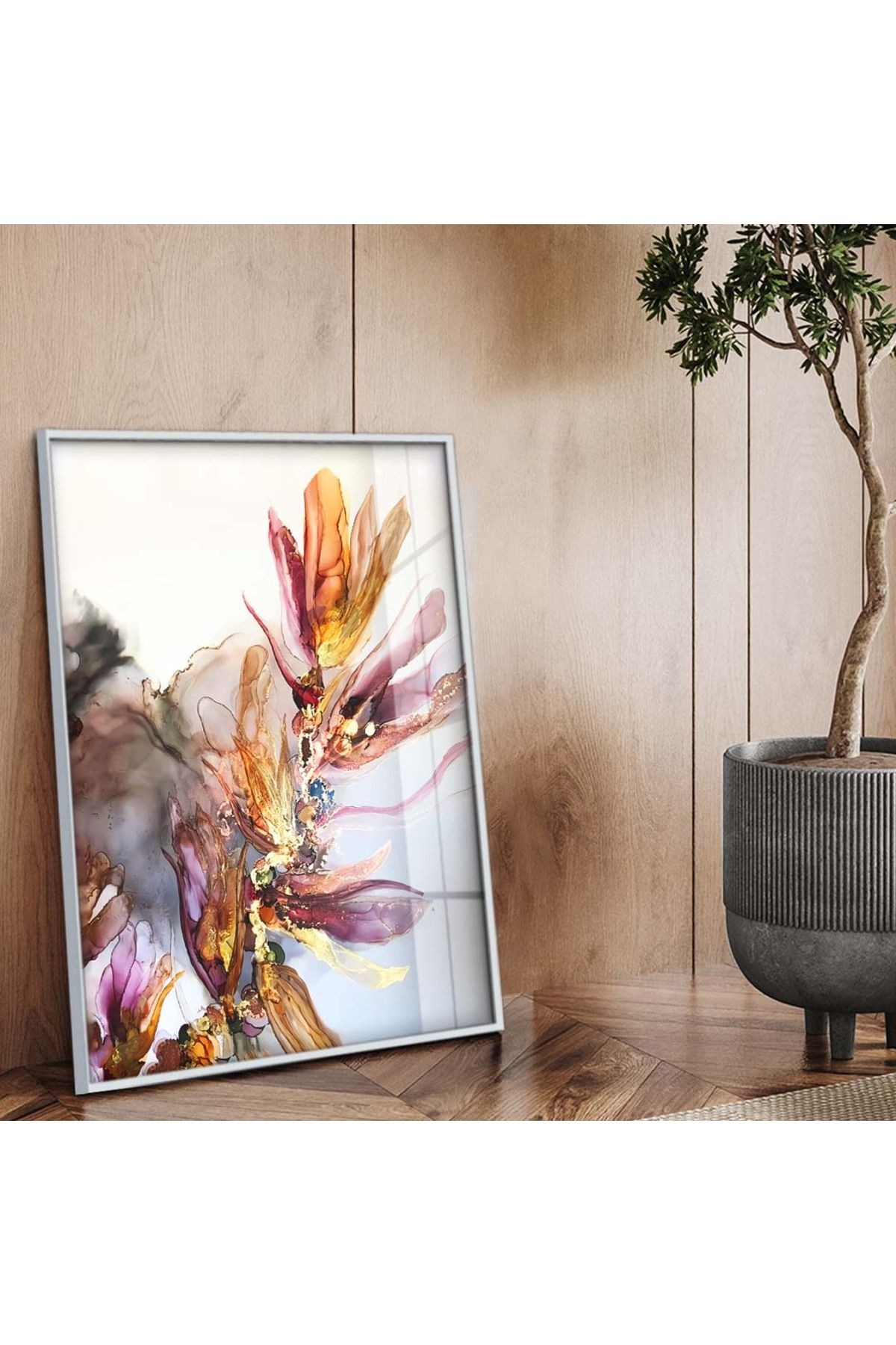Gümüş Metal Çerçeveli Renkli Çiçek Modern Çizim Kırılmaz Cam Tablo