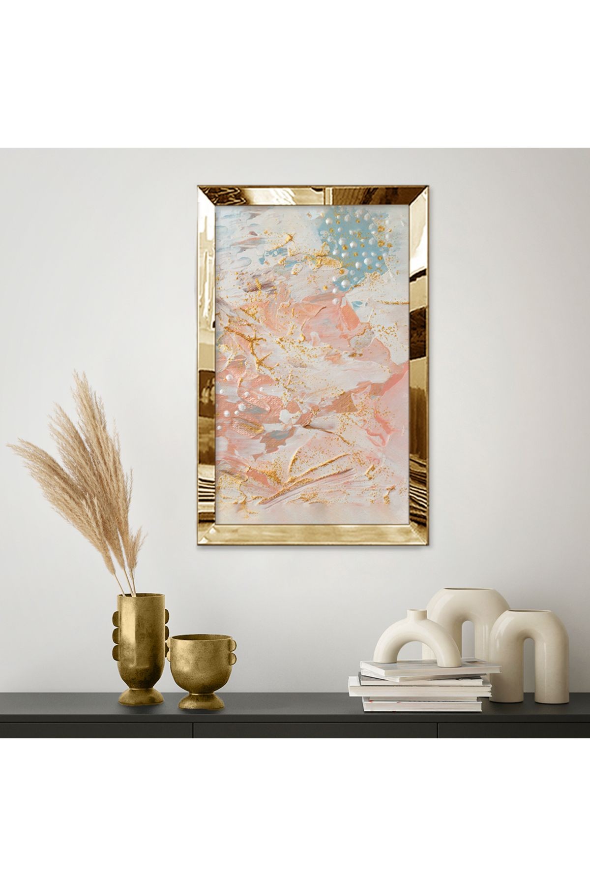 Gold Aynalı Pleksi Çerçeveli Incili Pastel Tonlarda Fırça Izli Soyut Tasarım Mdf Tablo