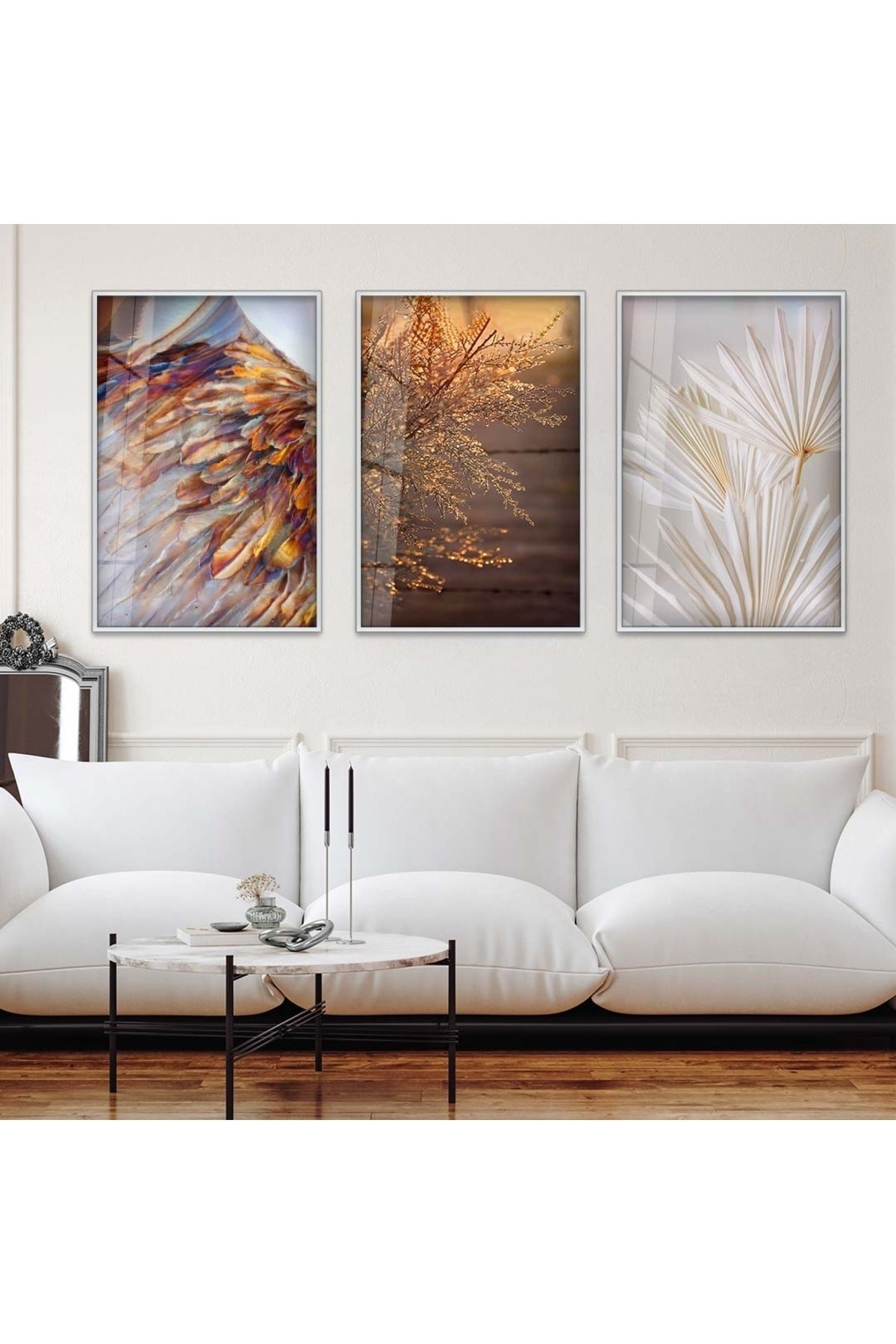 Minimalist Çiçek 3'Lü Metal Çerçeveli UV Baskı Kırılmaz Cam Tablo Seti