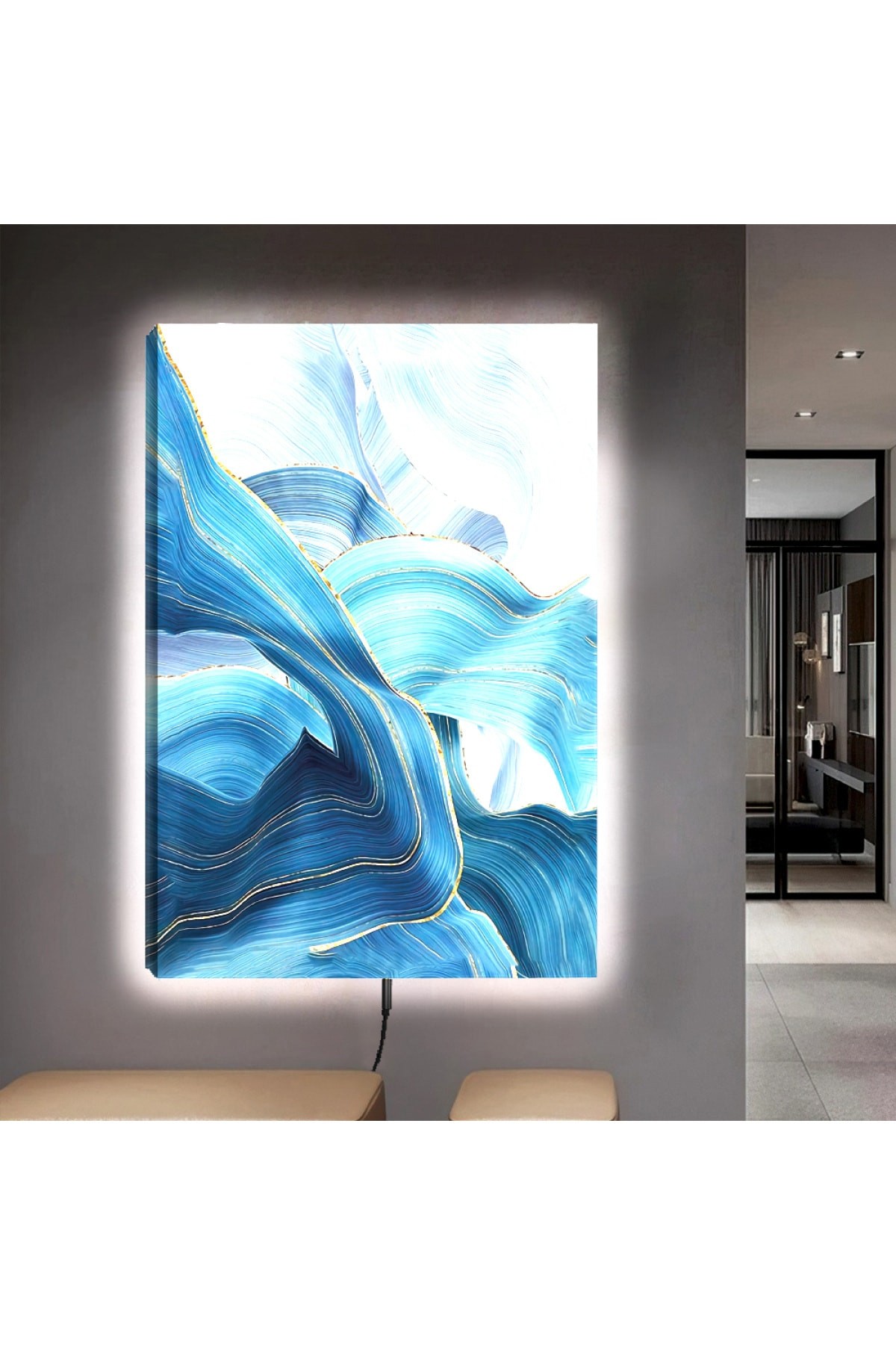 Ledli Mavi Kolaj Çizim Ahşap Şase Dijital Baskı Kanvas Tablo 90X60Cm