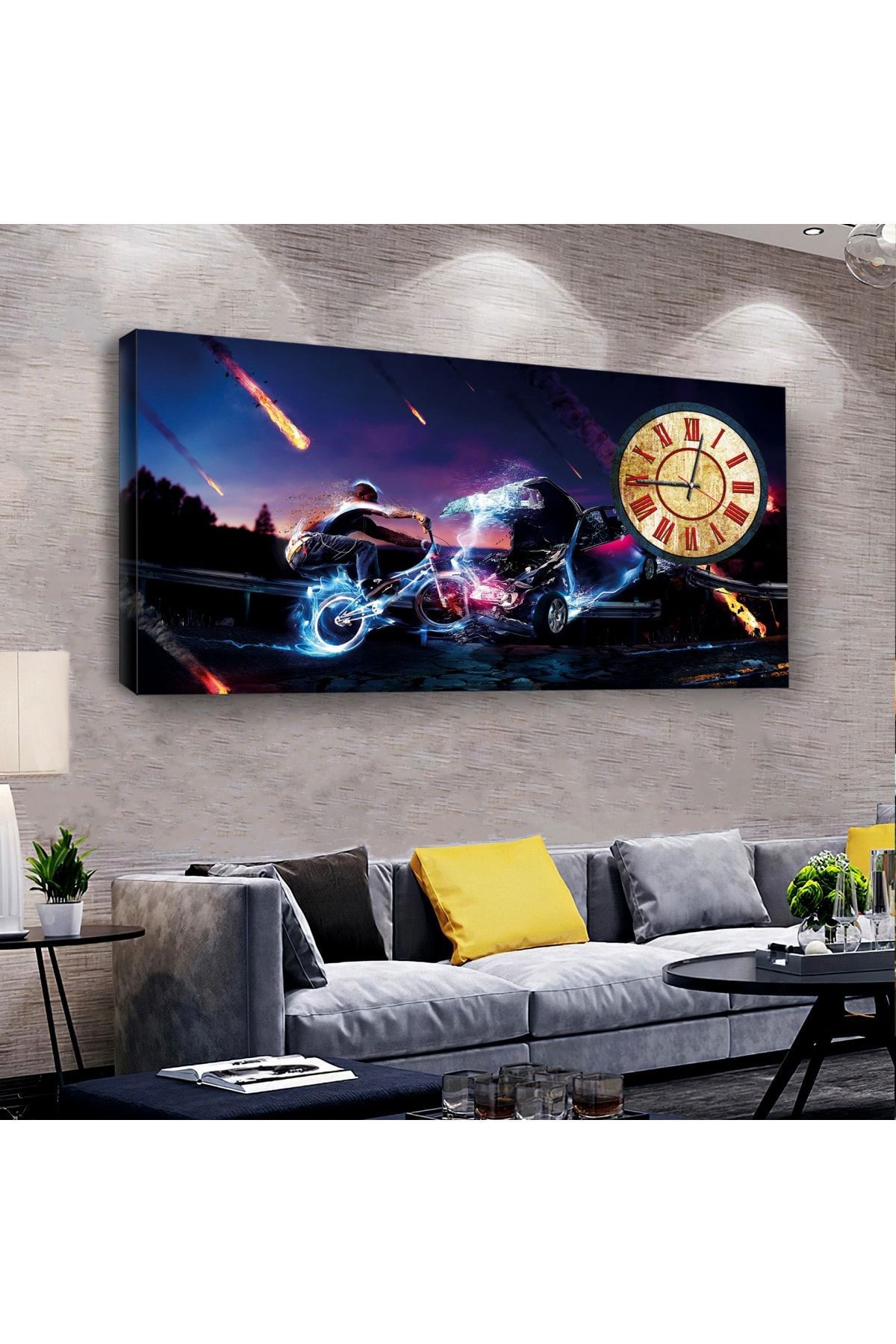 Kanvas Meteor Yağmuru Ve Elektrik Saçan Bisikletli Adam Saatli Tablo