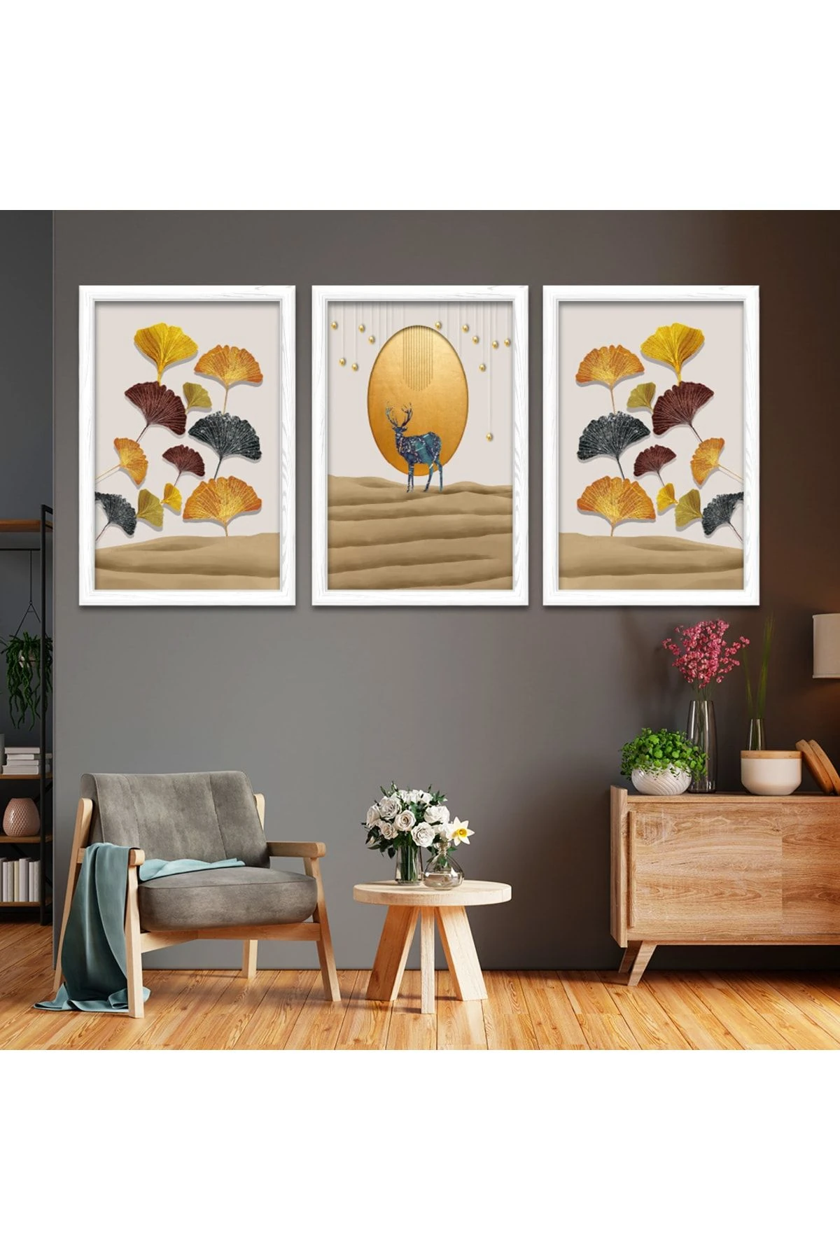 Beyaz Ahşap Çerçeveli Geyik Tablo