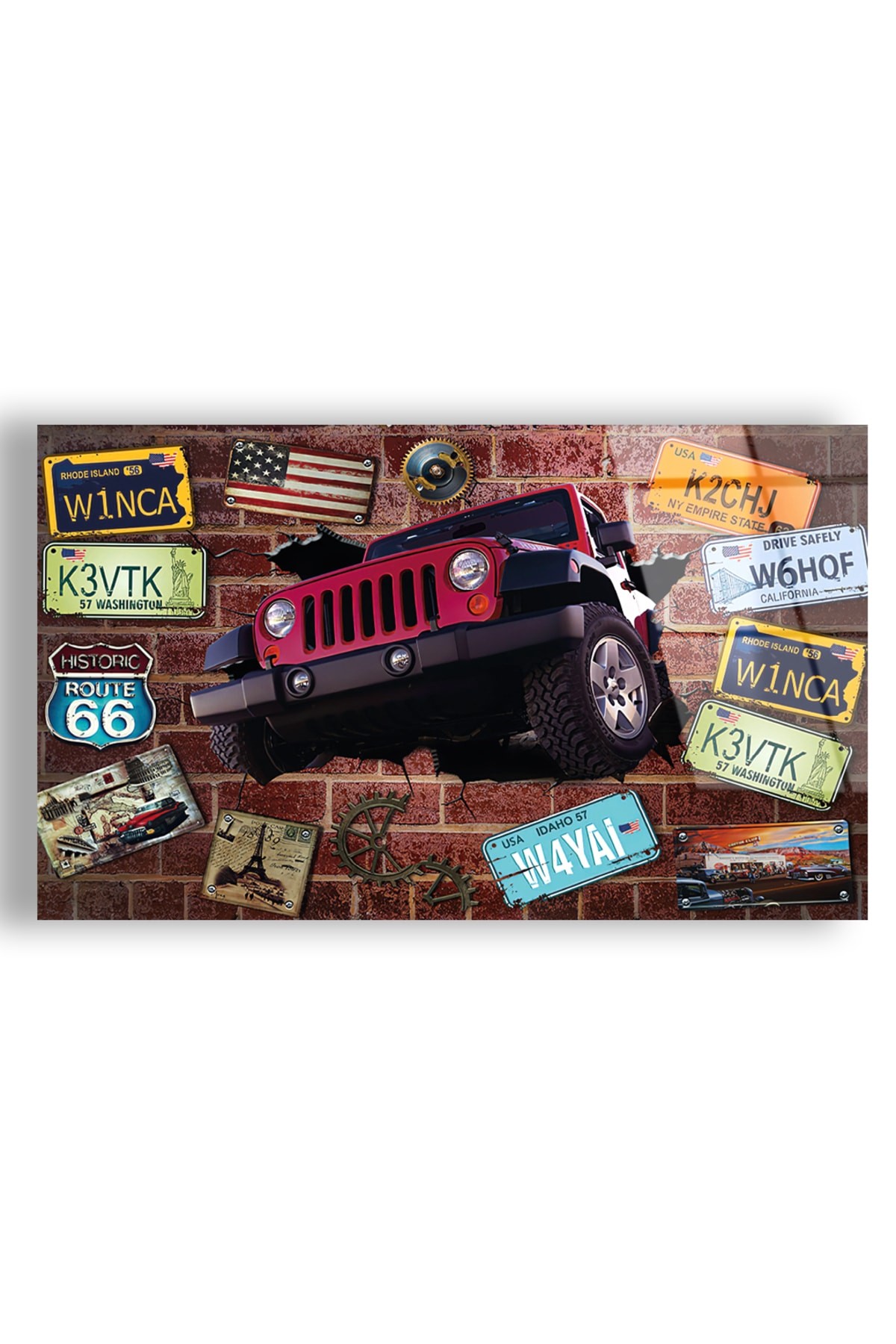 Jeep UV Baskı Yatay Çerçevesiz Kırılmaz Cam Tablo