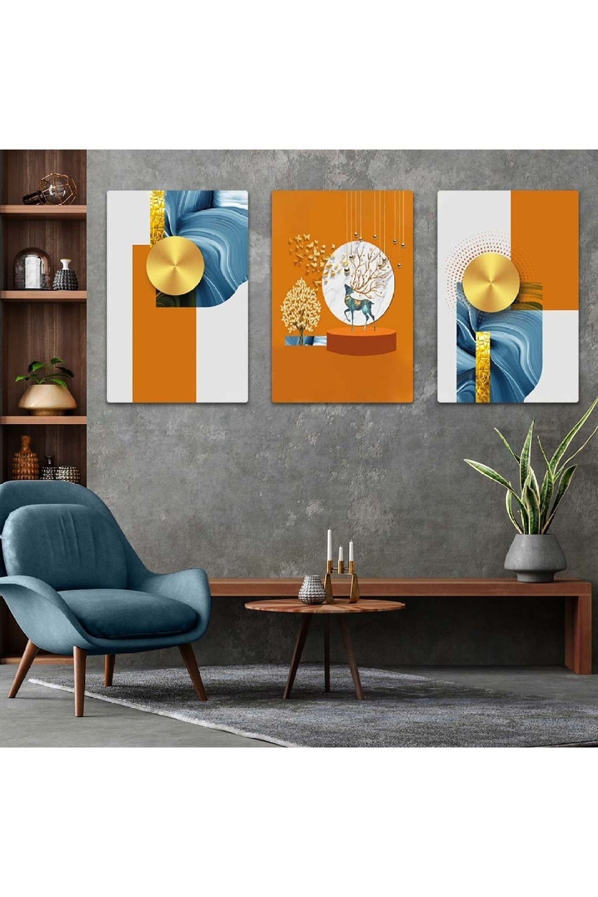 Minimalist Soyut Desen 3'Lü Solmaz MDF Tablo Set