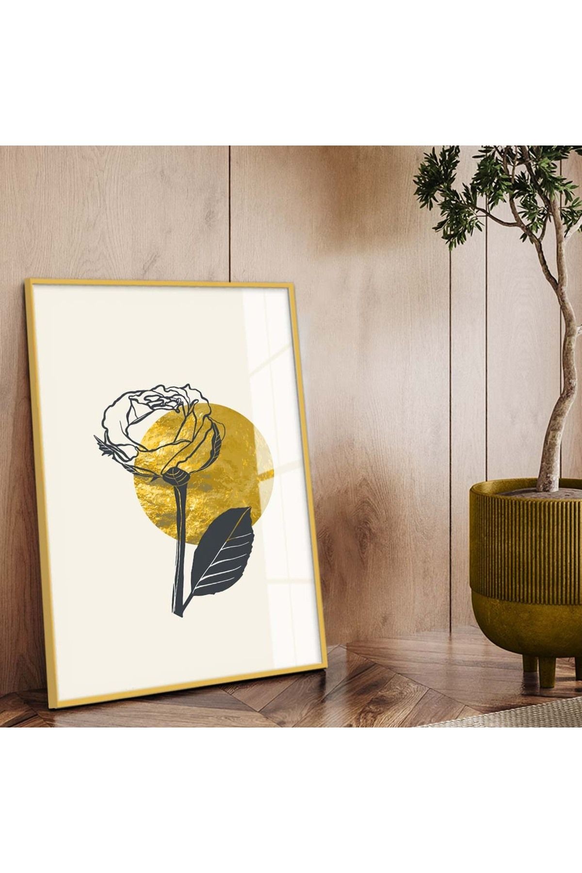 Gold Metal Çerçeveli Modern Çizim Gül Tema Kırılmaz Cam Tablo