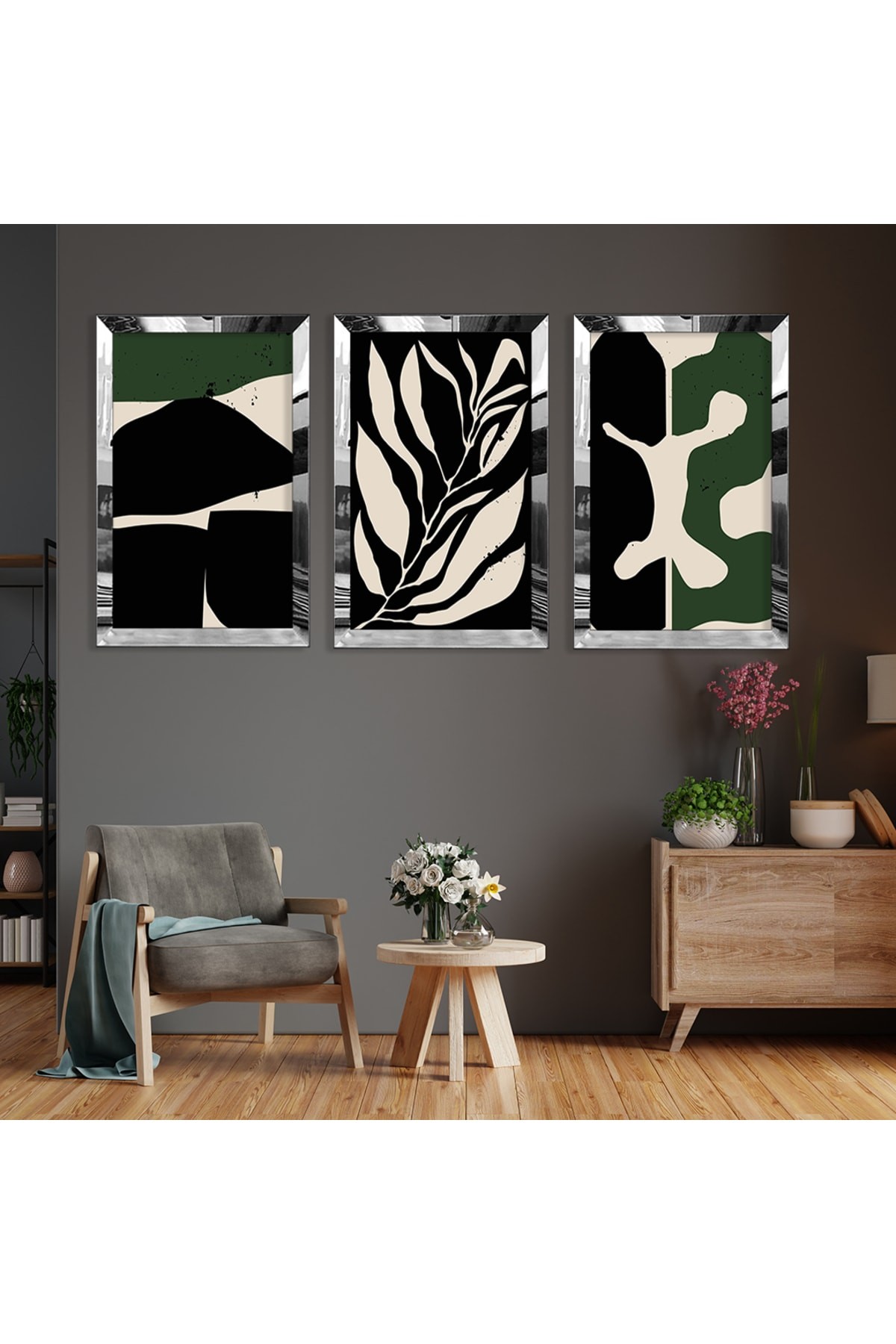 Minimalist Soyut Desen Gold Pleksi Kenar 3'Lü Solmaz MDF Tablo Ve Saat Kombin