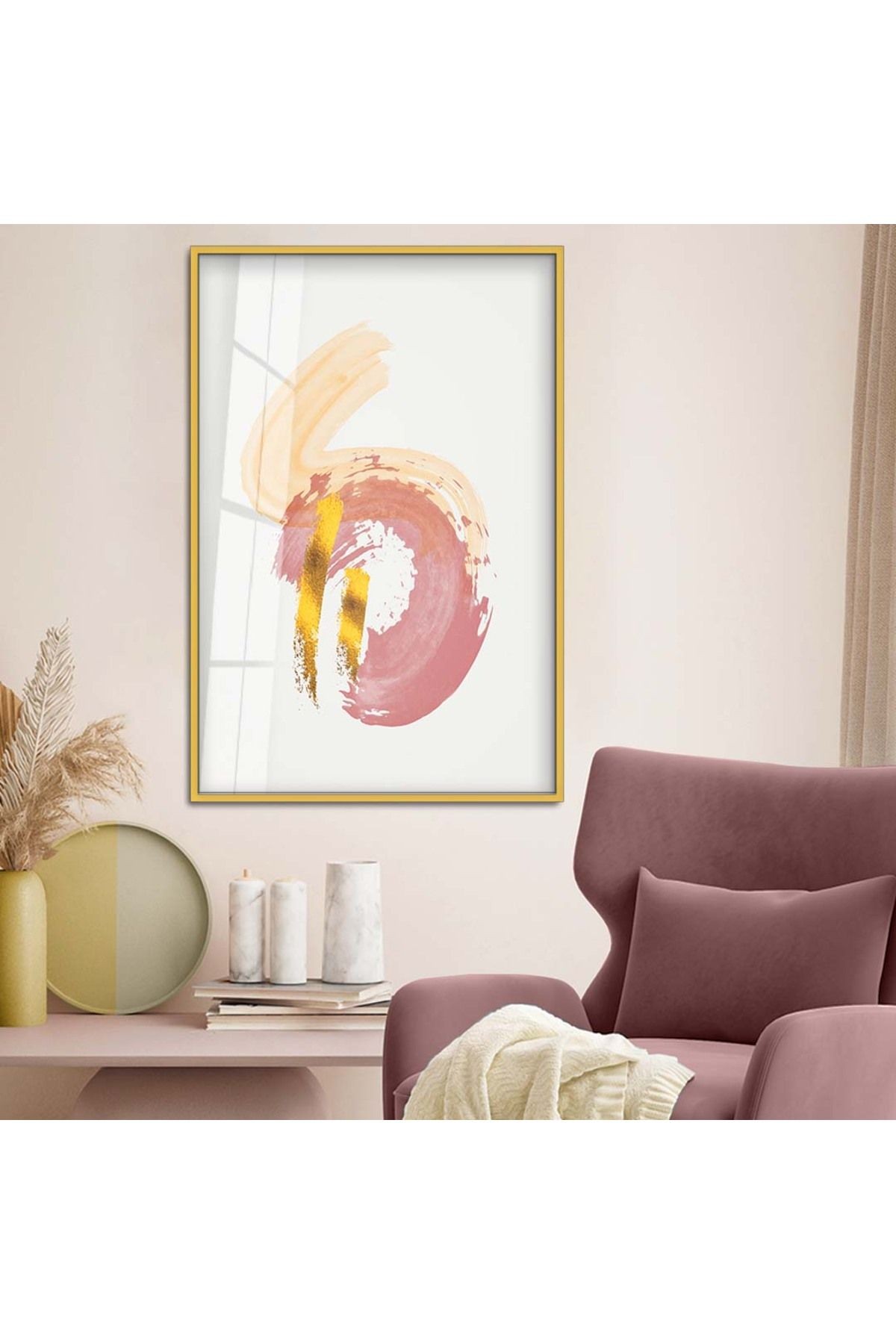 Gold Metal Çerçeveli Modern Çizim Soyut Tema Kırılmaz Cam Tablo