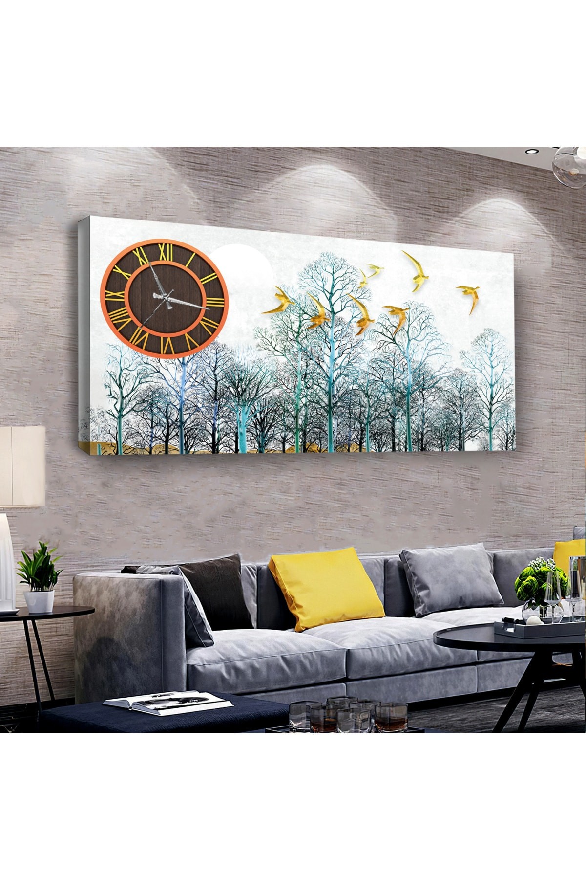 Huzur Orman Manzara saatliAhşap Şase Dijital Baskı Kanvas Tablo 100X50Cm