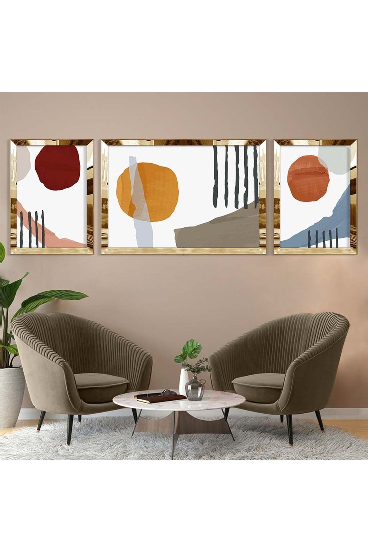 Gold Aynalı Pleksi Çerçeveli Üçlü Beyaz Arka Planlı Modern Mdf Tablo Seti