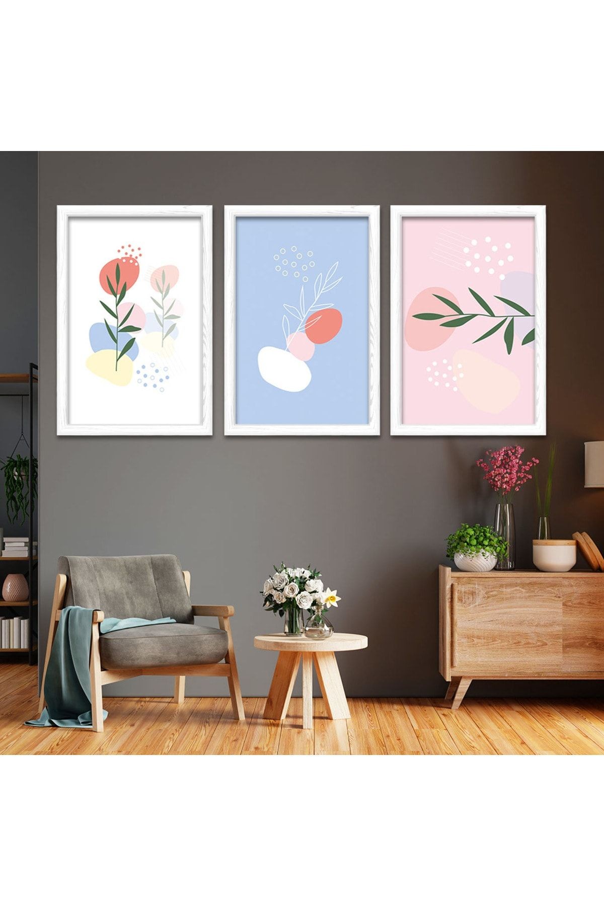 Beyaz Ahşap Çerçeveli Kolaj Çizim Modern Tablo