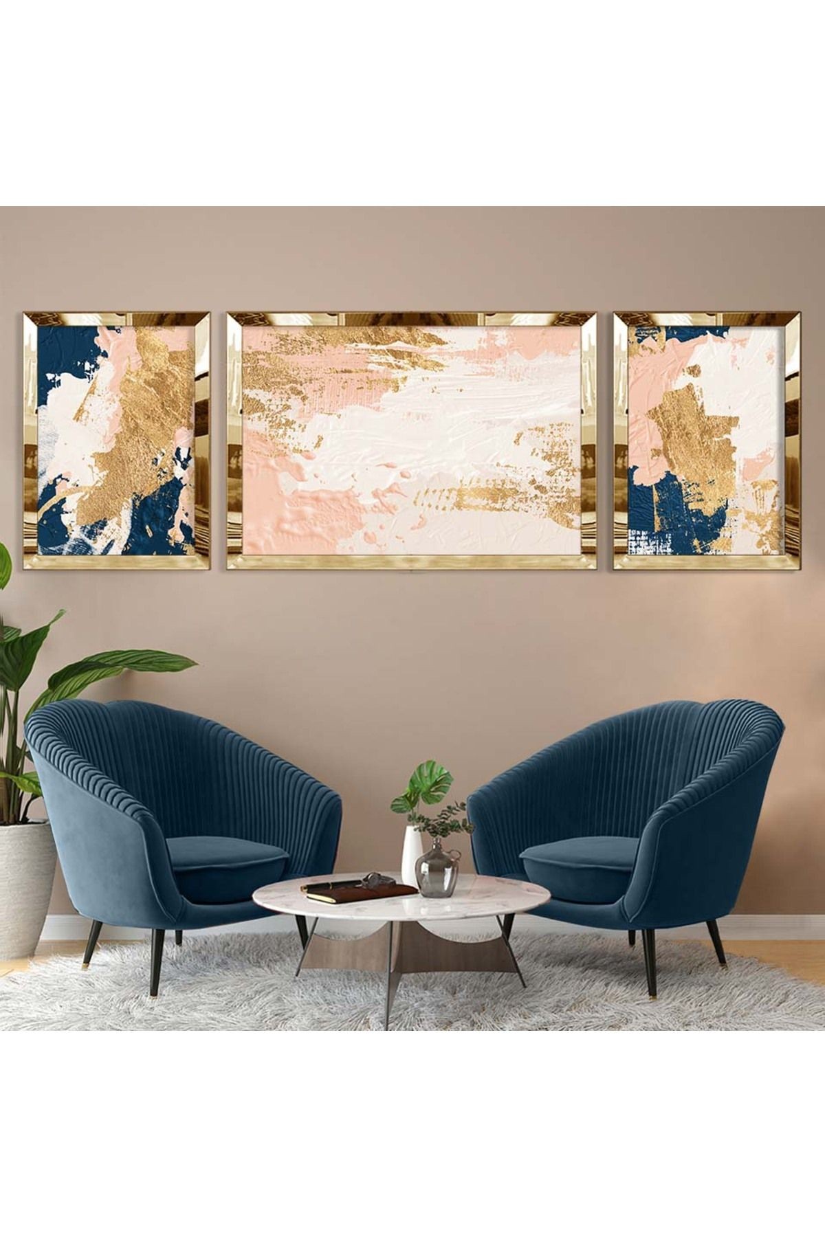 Gold Aynalı Pleksi Çerçeveli Üçlü Renkli Fırça Desenli Mdf Tablo Seti