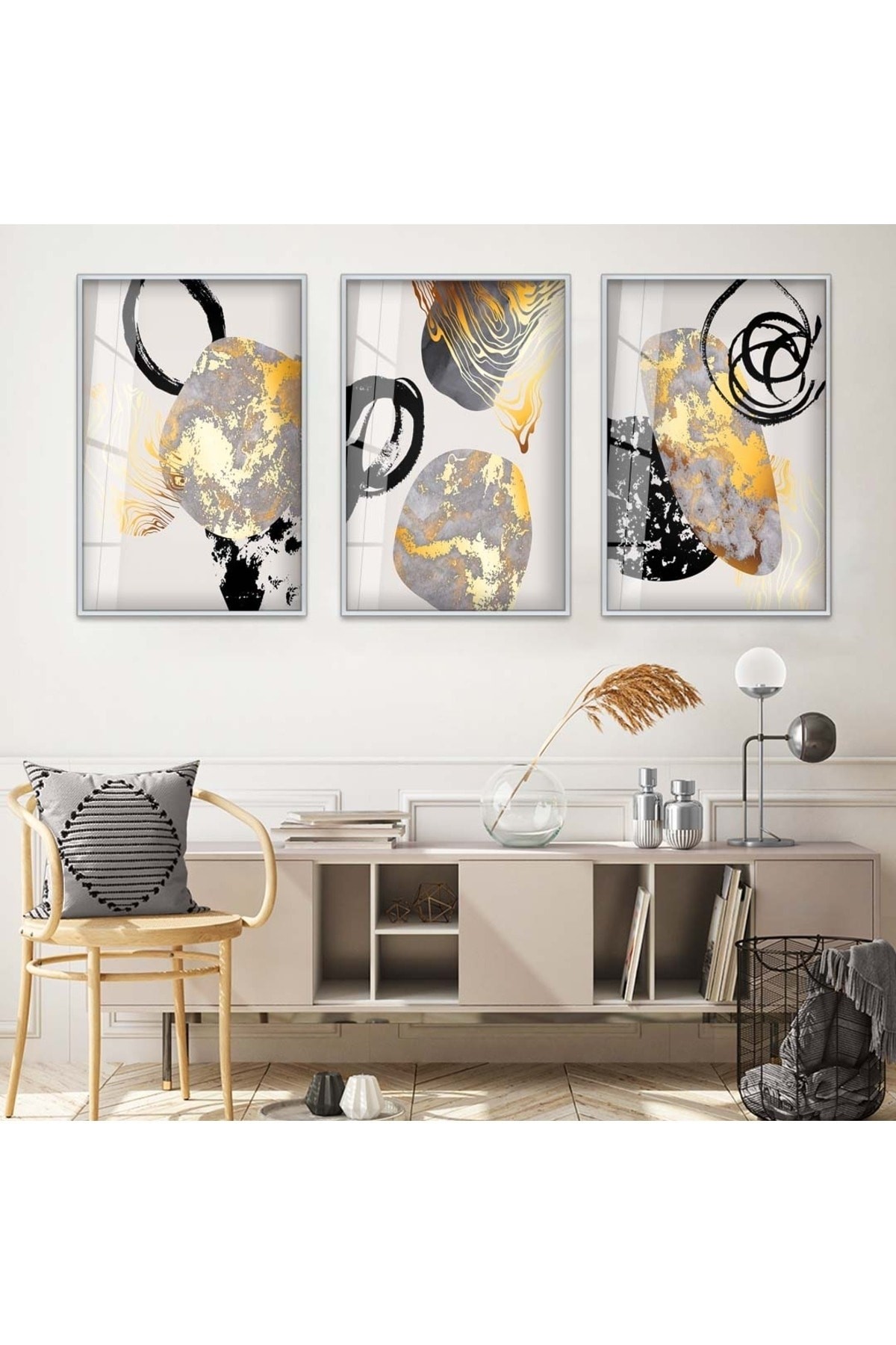 Sanat Tablosu Soyut Desen 3'Lü Metal Çerçeveli UV Baskı Kırılmaz Cam Tablo Set